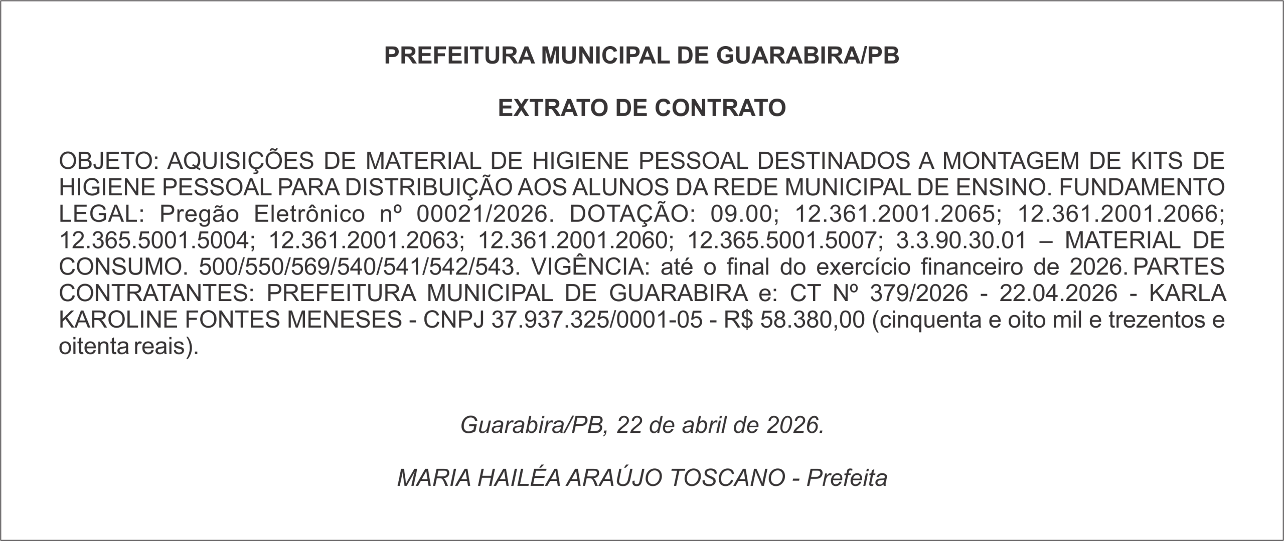PREFEITURA MUNICIPAL DE GUARABIRA/PB – EXTRATO DE CONTRATO
