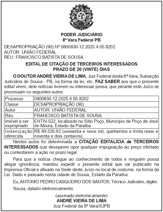 SECRETARIA NACIONAL DE SEGURANÇA HIDRICA – SNSH – MDR – DF – BRASÍLIA – Edital de Citação de Terceiro Interessado – ENTIV-522 (FRANCISCO BATISTA DE SOUSA)