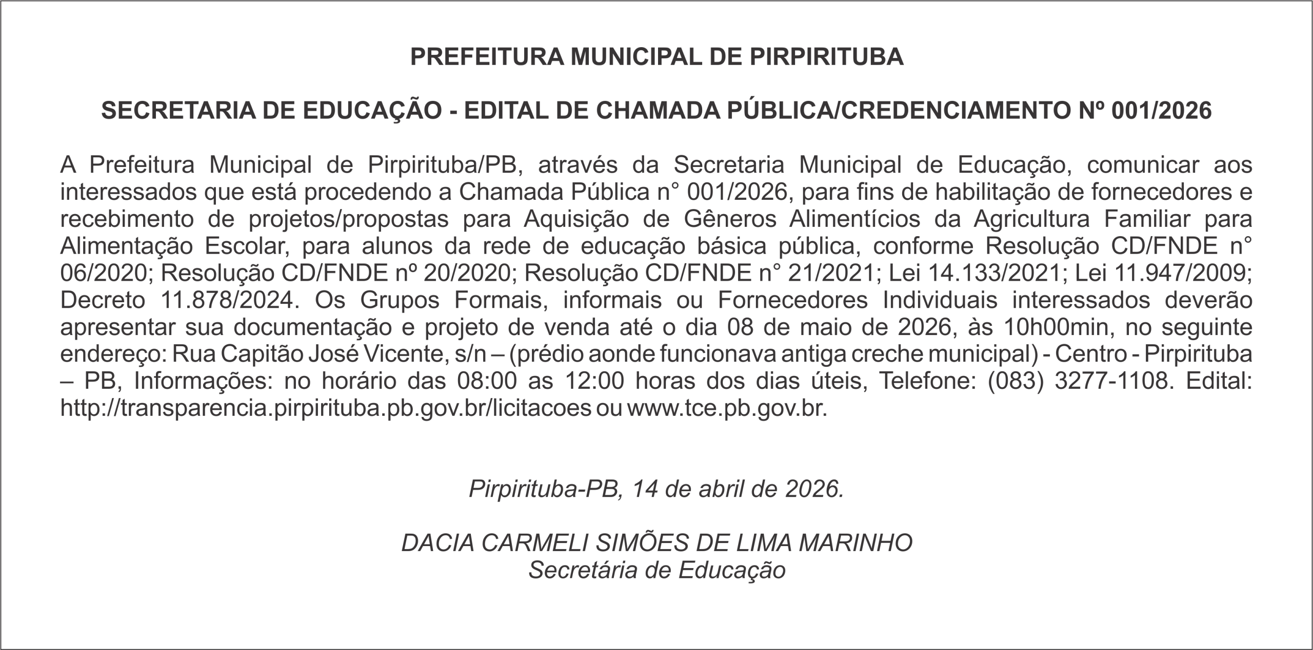 PREFEITURA MUNICIPAL DE PIRPIRITUBA- EDITAL DE CHAMADA PÚBLICA/CREDENCIAMENTO Nº 001/2026