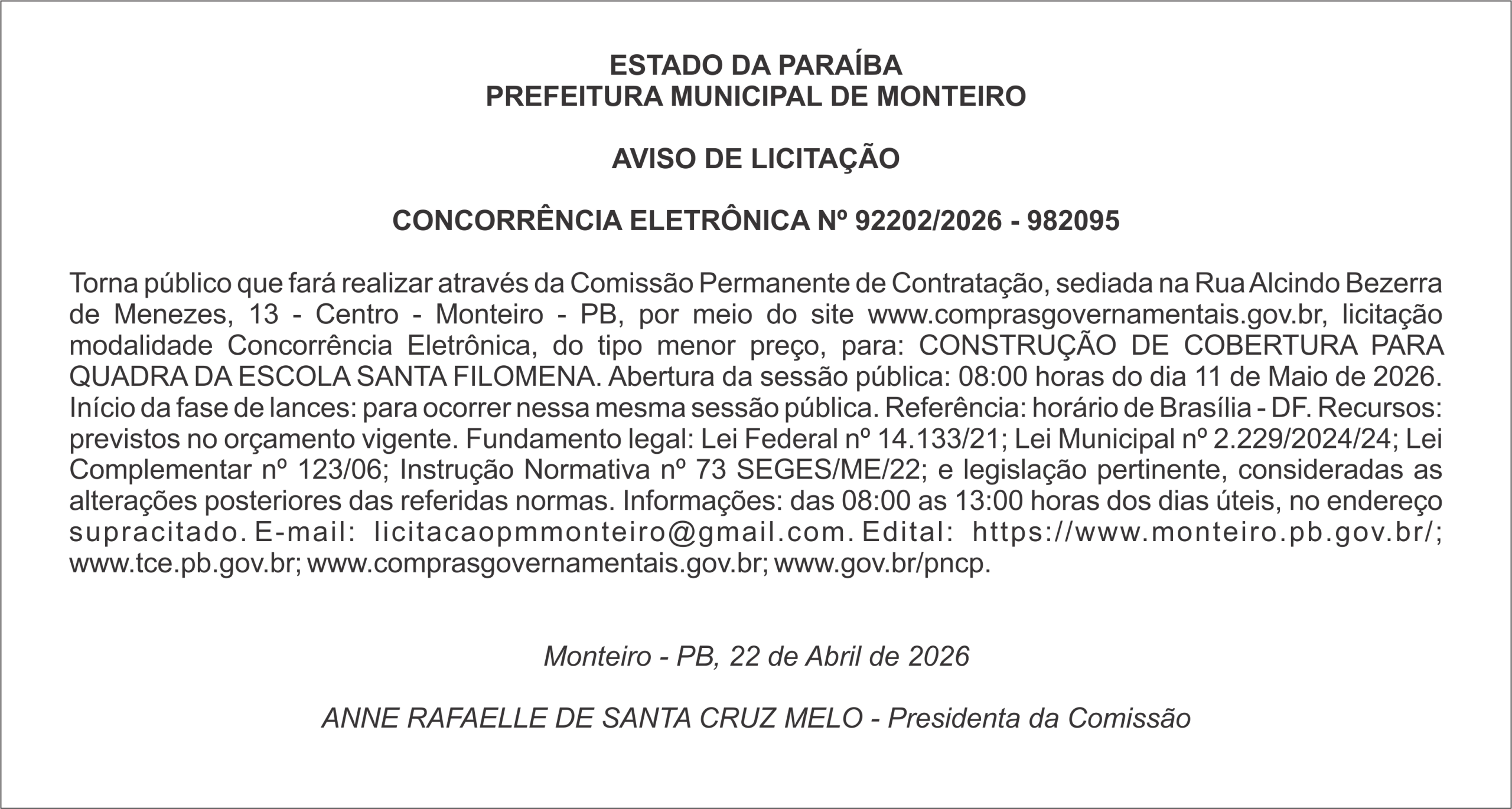 PREFEITURA MUNICIPAL DE MONTEIRO – AVISO DE LICITAÇÃO  CONCORRÊNCIA ELETRÔNICA Nº 92202/2026 – 982095