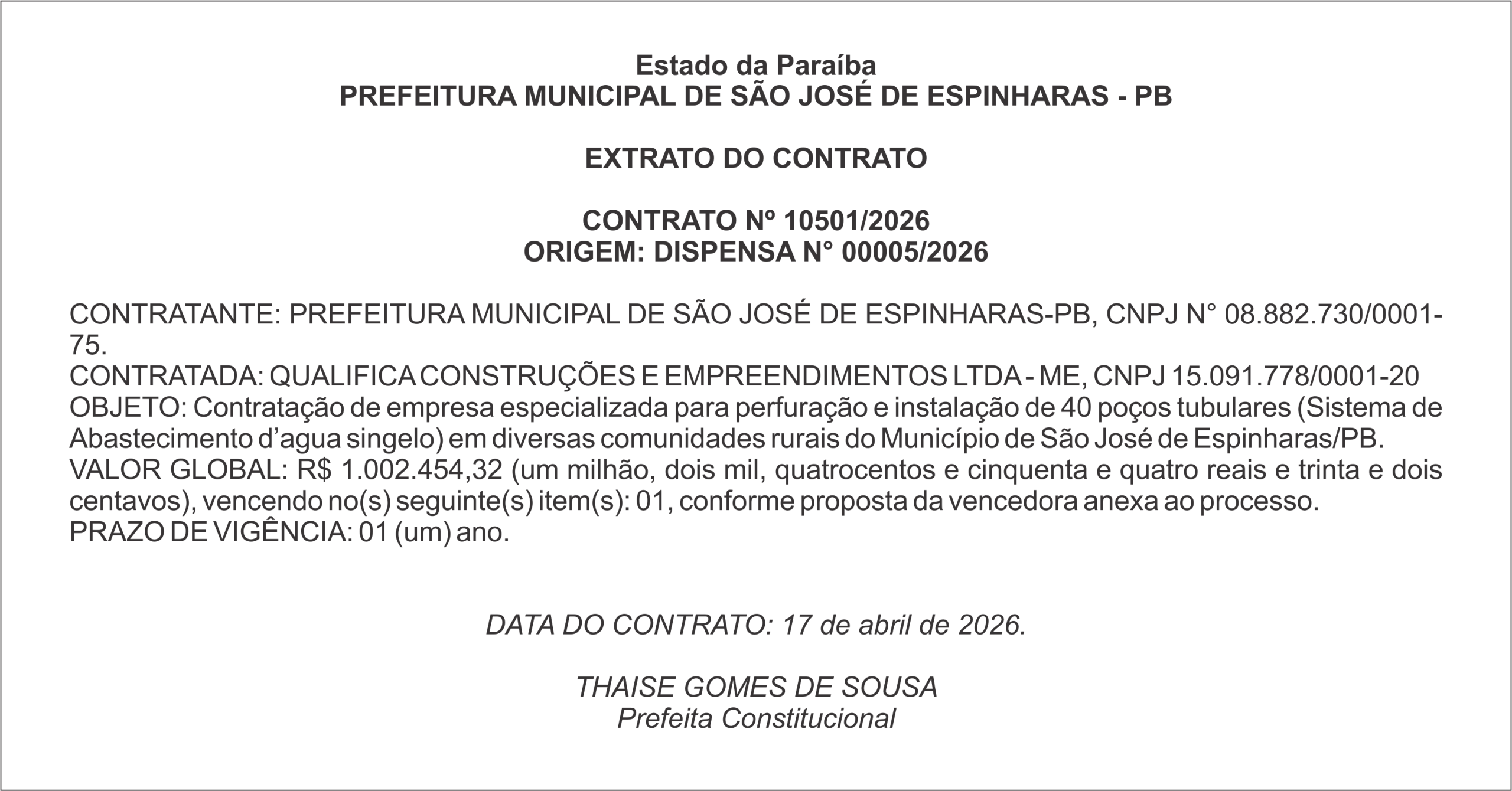PREFEITURA MUNICIPAL DE SÃO JOSÉ DE ESPINHARAS – PB – EXTRATO DO CONTRATO