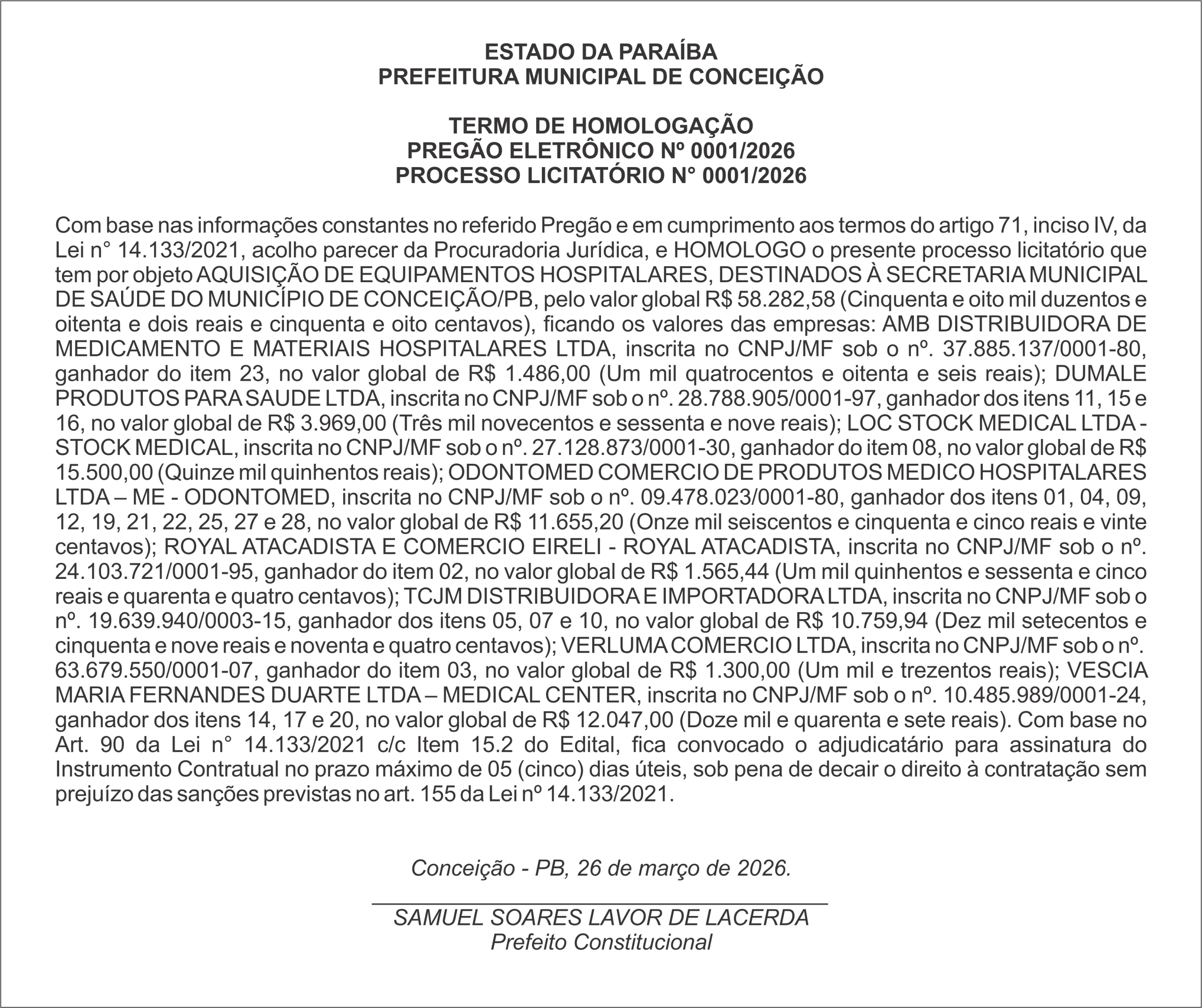 PREFEITURA MUNICIPAL DE CONCEIÇÃO – TERMO DE HOLOGAÇÃO – PREGÃO ELETRÔNICO Nº 0001/2026