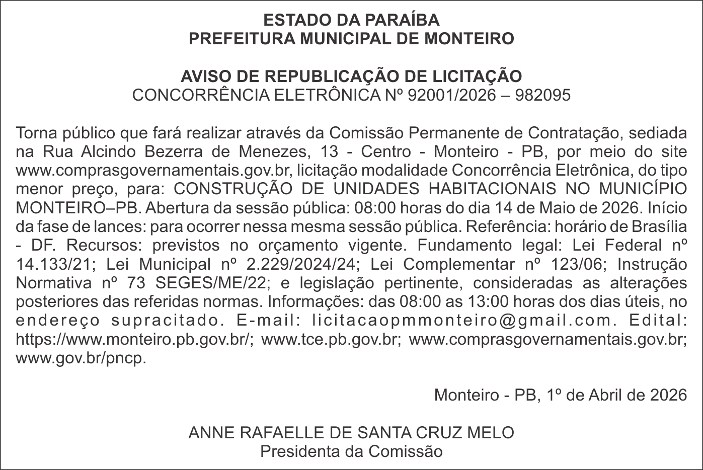 PREFEITURA MUNICIPAL DE MONTEIRO – AVISO DE REPUBLICAÇÃO DE LICITAÇÃO – CONCORRÊNCIA ELETRÔNICA Nº 92001/2026 – 982095