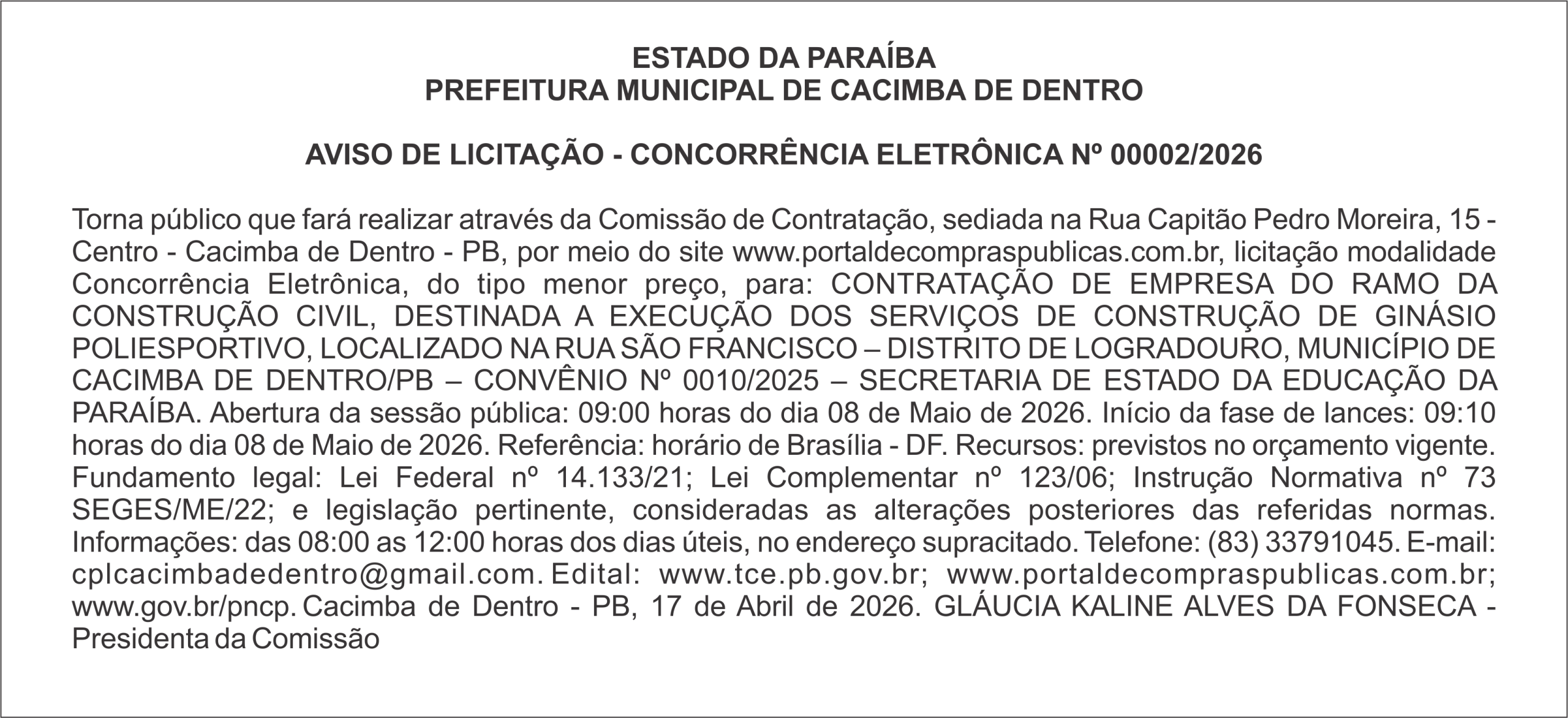 PREFEITURA MUNICIPAL DE CACIMBA DE DENTRO – AVISO DE LICITAÇÃO – CONCORRÊNCIA ELETRÔNICA Nº 00002/2026