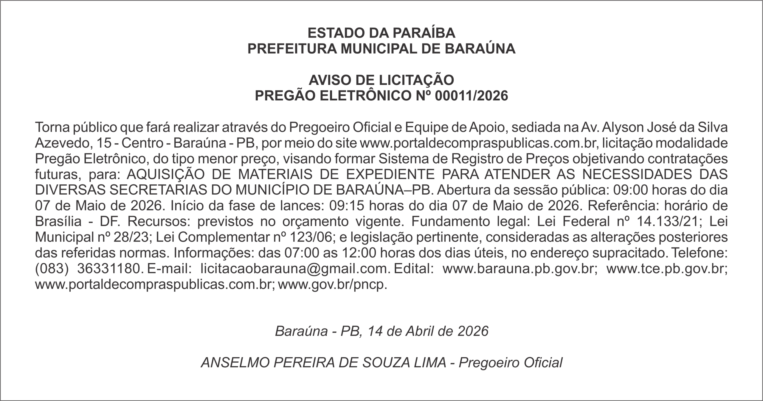 PREFEITURA MUNICIPAL DE BARAÚNA – AVISO DE LICITAÇÃO – PREGÃO ELETRÔNICO Nº 00011/2026