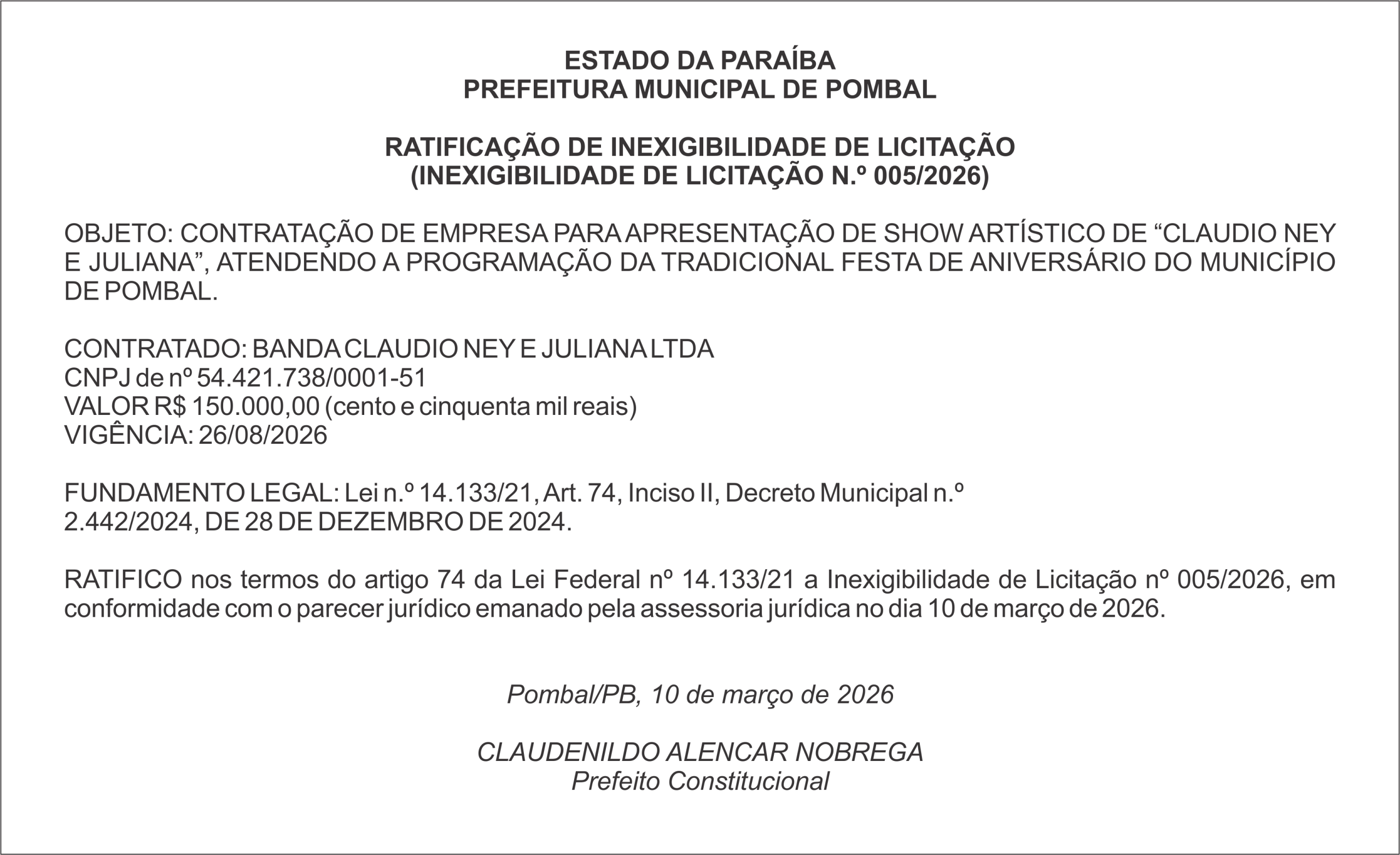 PREFEITURA MUNICIPAL DE POMBAL – RATIFICAÇÃO DE INEXIGIBILIDADE DE LICITAÇÃO (INEXIGIBILIDADE DE LICITAÇÃO N.º 005/2026)