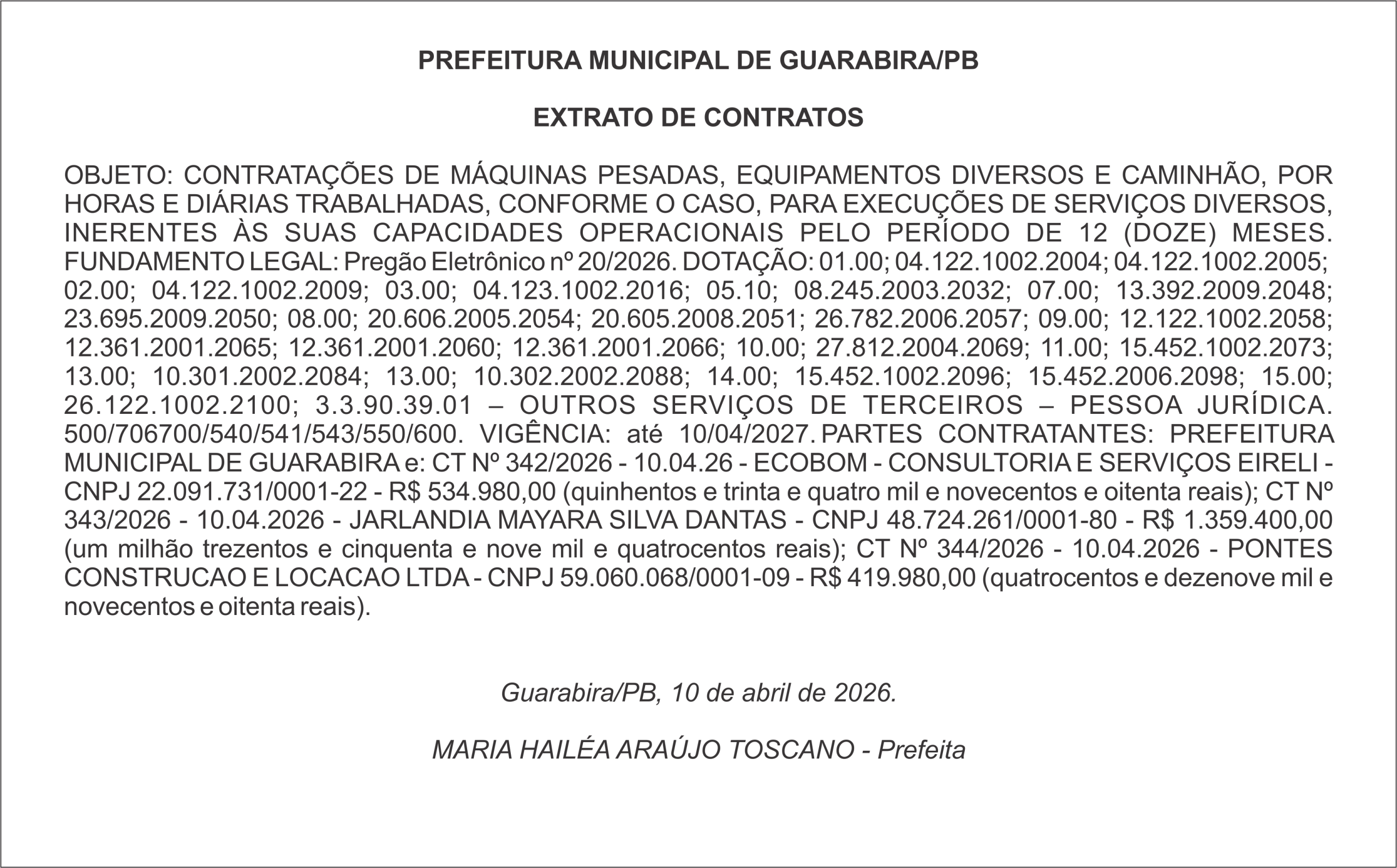 PREFEITURA MUNICIPAL DE GUARABIRA/PB – EXTRATO DE CONTRATOS