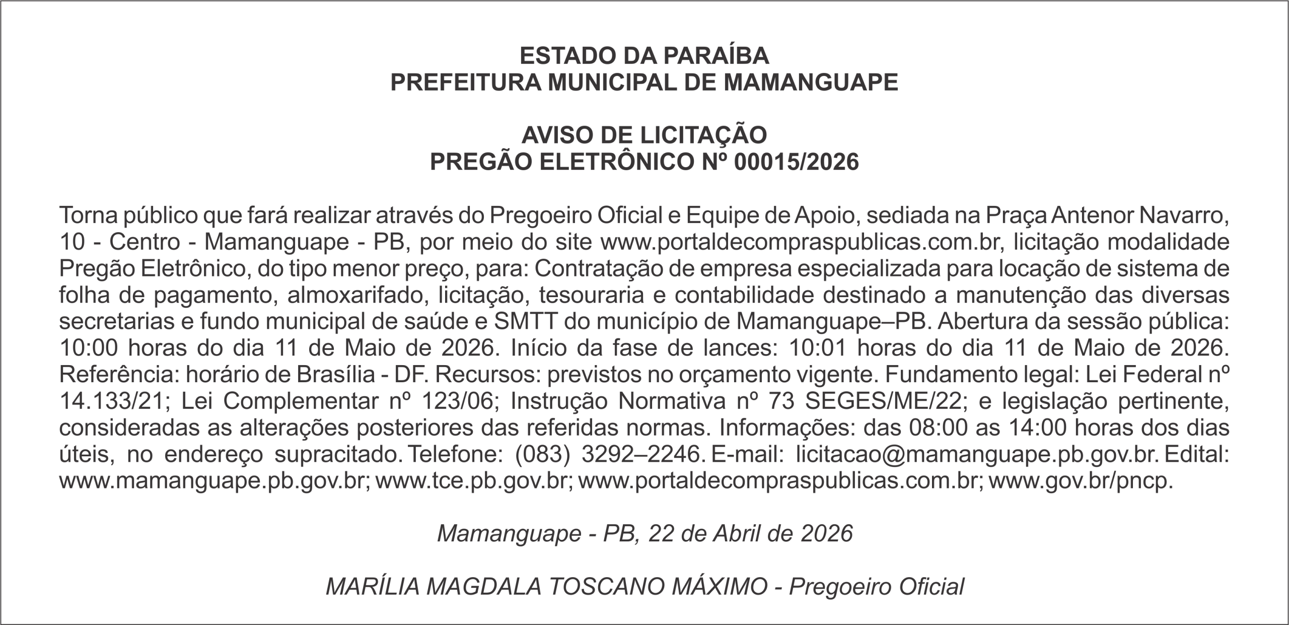 PREFEITURA MUNICIPAL DE MAMANGUAPE – AVISO DE LICITAÇÃO PREGÃO ELETRÔNICO Nº 00015/2026