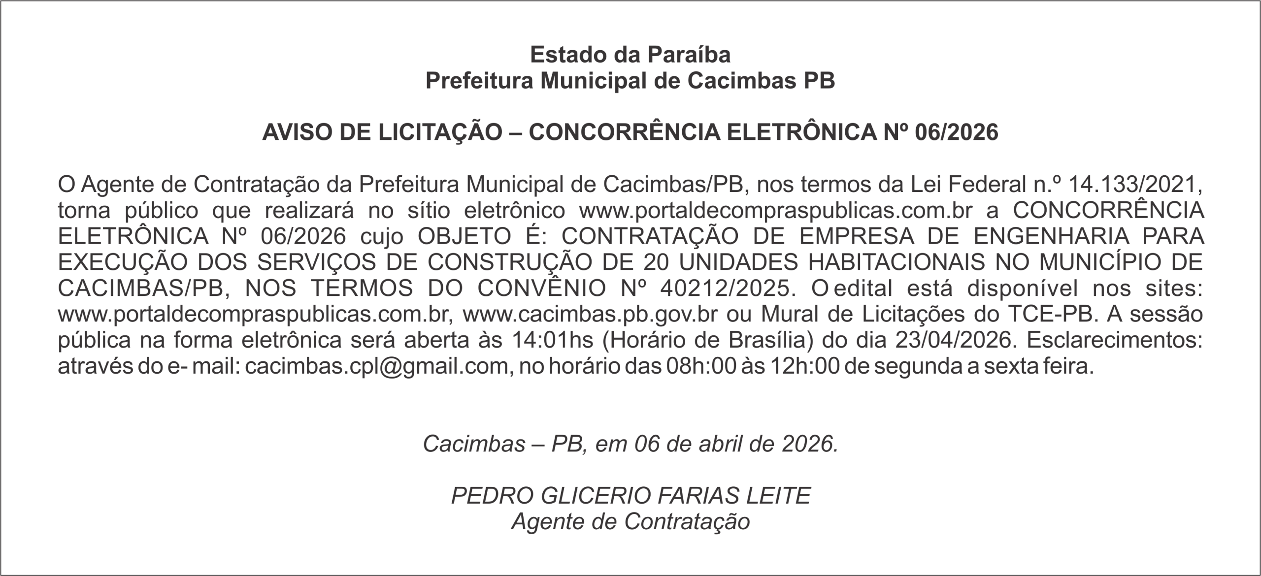 PREFEITURA DE CACIMBAS – AVISO DE LICITAÇÃO – CONCORRÊNCIA ELETRÔNICA Nº 06/2026