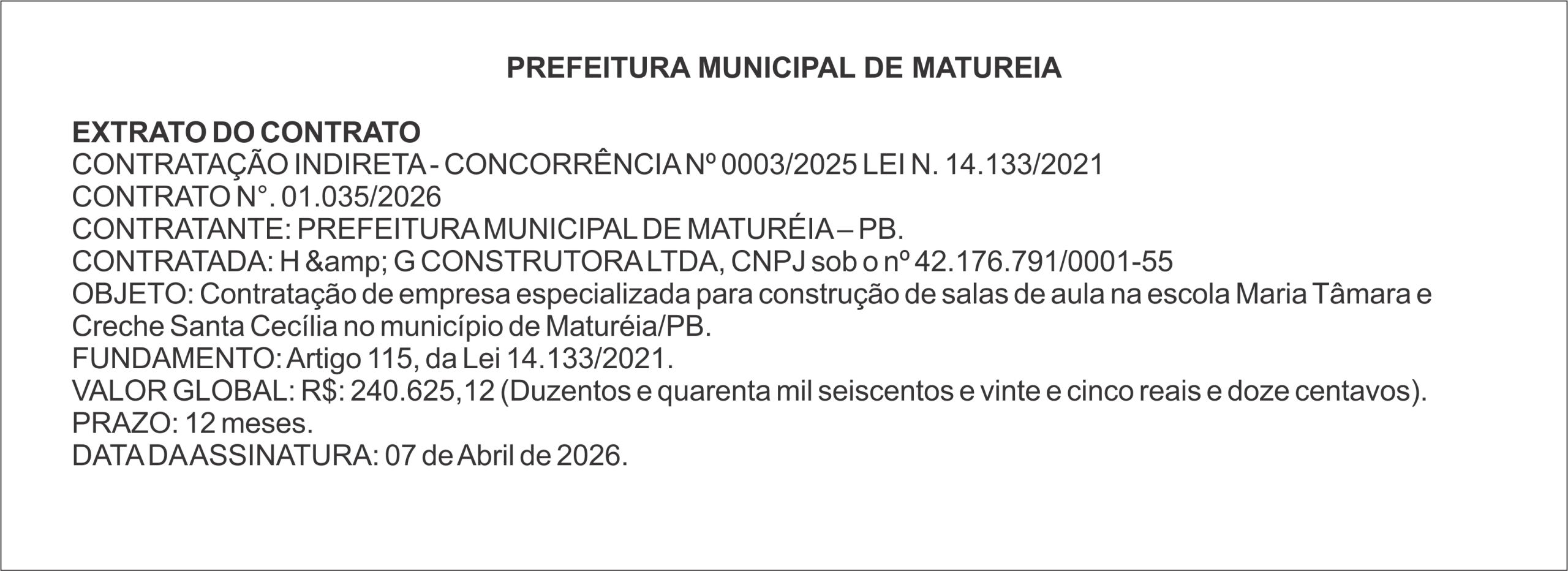 PREFEITURA MUNICIPAL DE MATUREIA – PB – EXTRATO DO CONTRATO