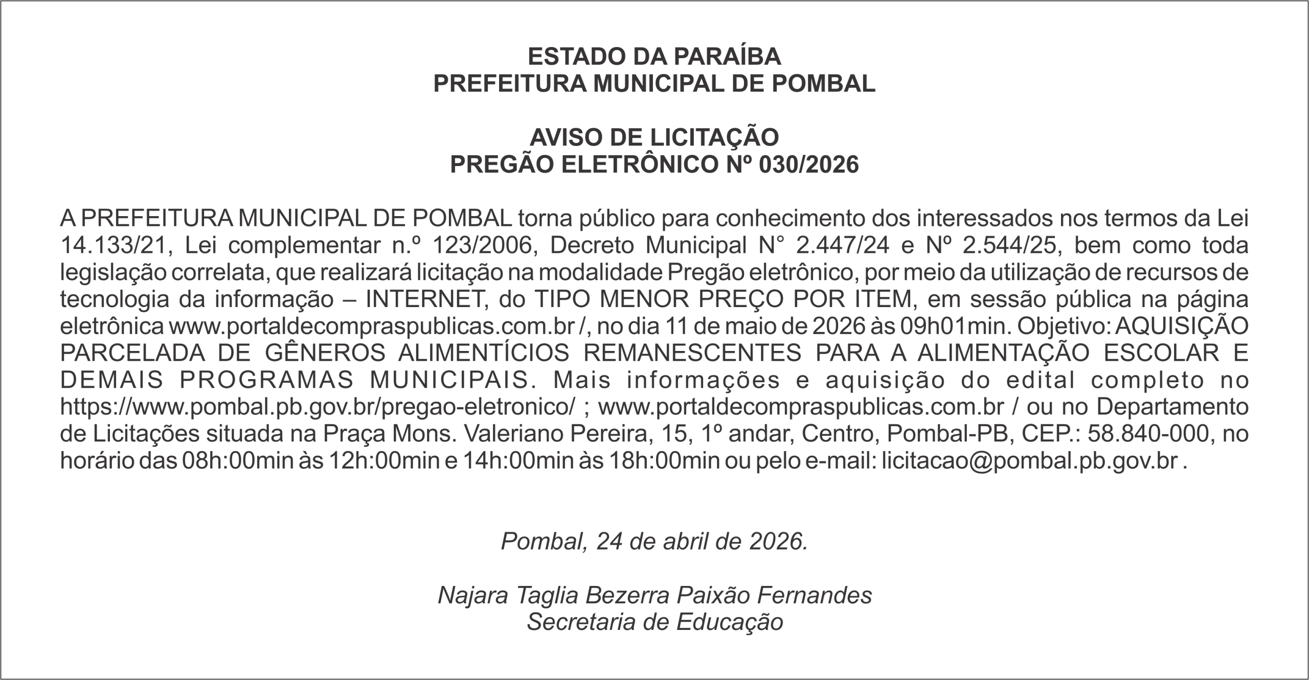 PREFEITURA MUNICIPAL DE POMBAL – AVISO DE LICITAÇÃO – PREGÃO ELETRÔNICO Nº 030/2026