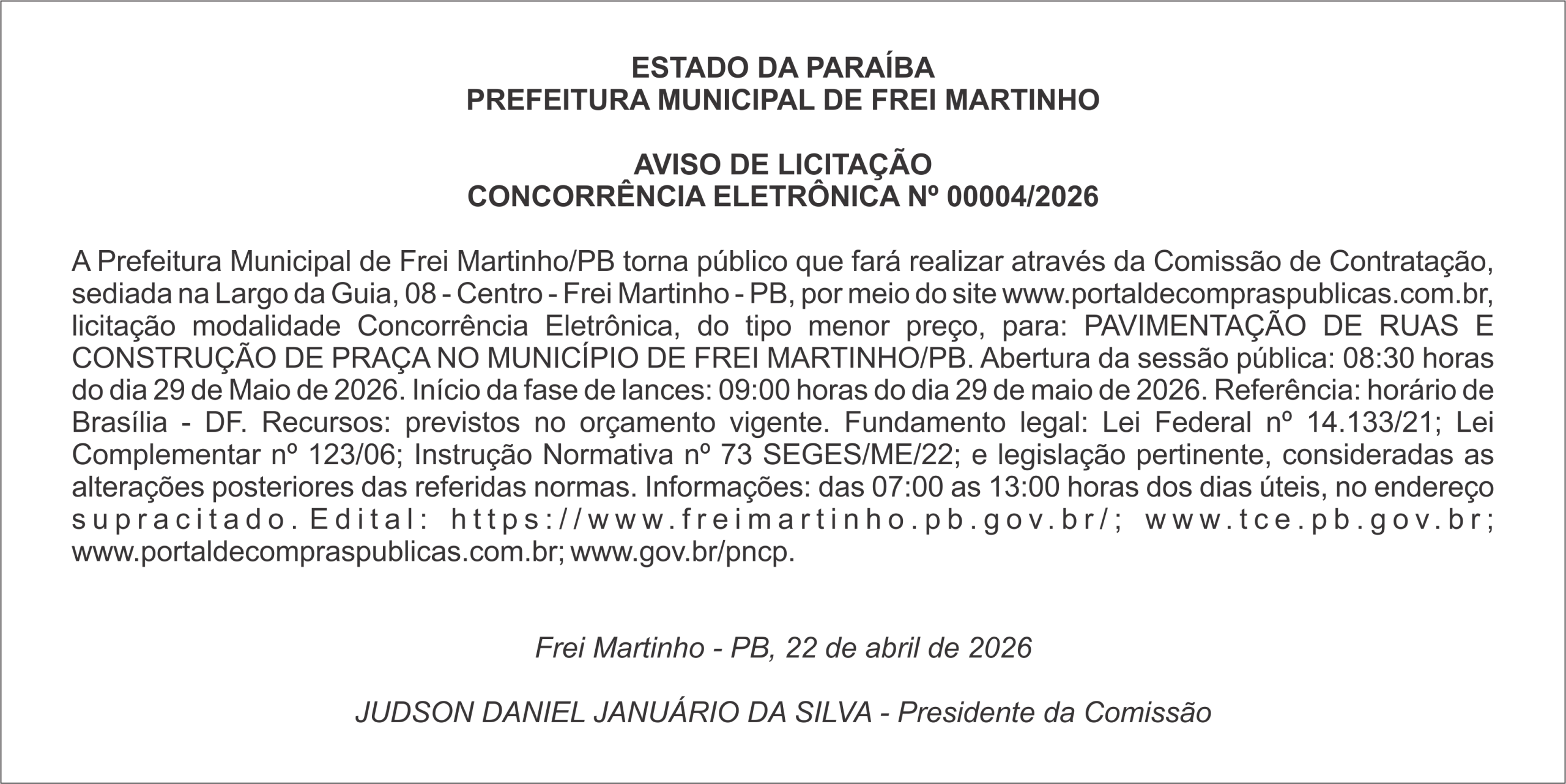 PREFEITURA MUNICIPAL DE FREI MARTINHO – AVISO DE LICITAÇÃO – CONCORRÊNCIA ELETRÔNICA Nº 00004/2026
