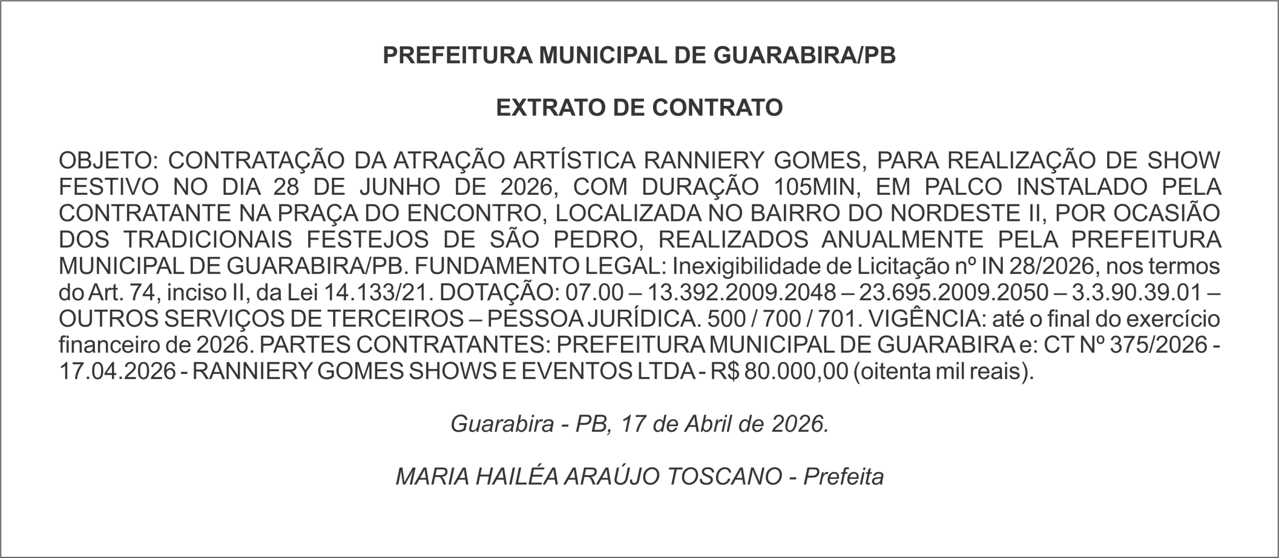 PREFEITURA MUNICIPAL DE GUARABIRA/PB – EXTRATO DE CONTRATO