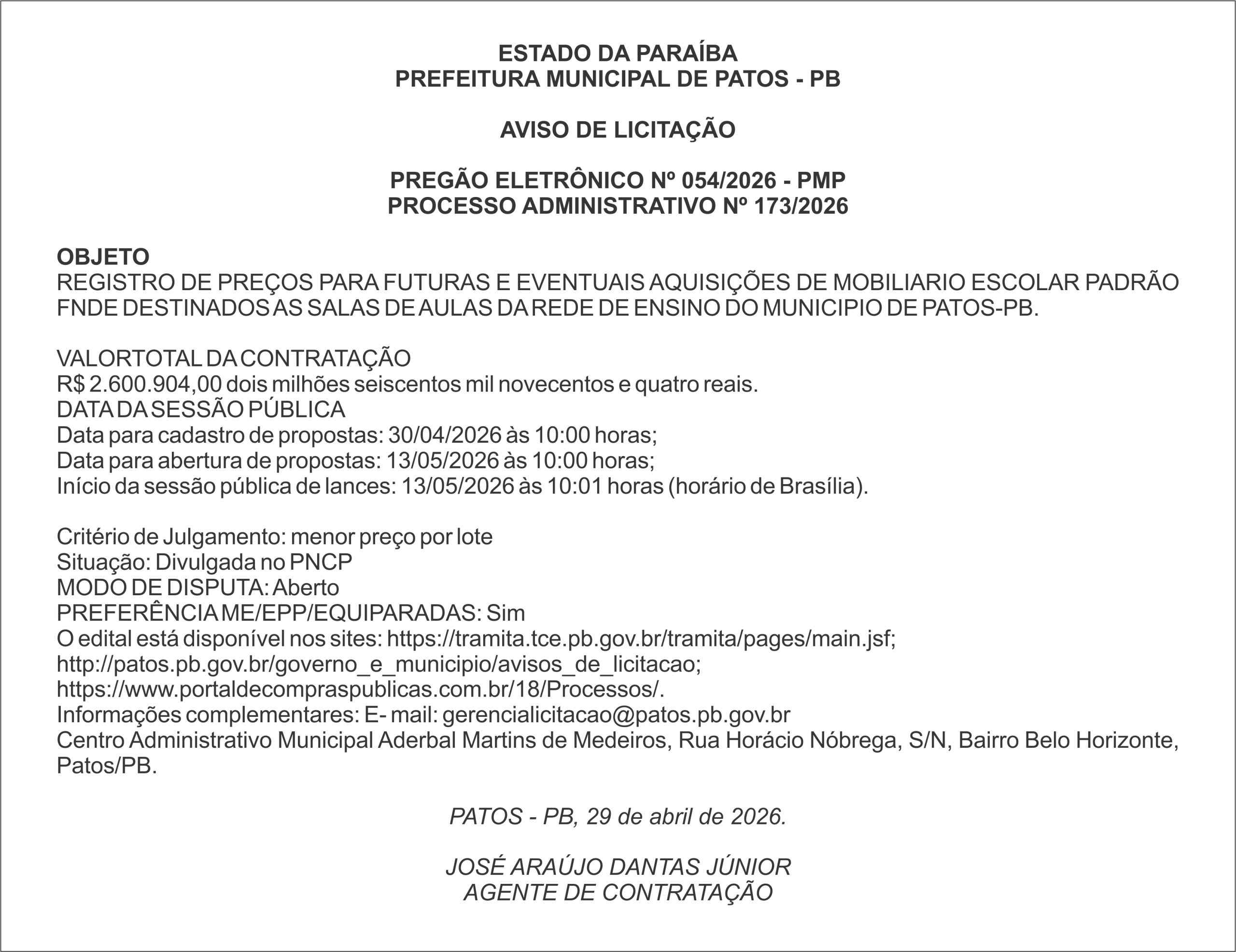 PREFEITURA MUNICIPAL DE PATOS – PB – PREGÃO ELETRÔNICO Nº 054/2026 – PMP