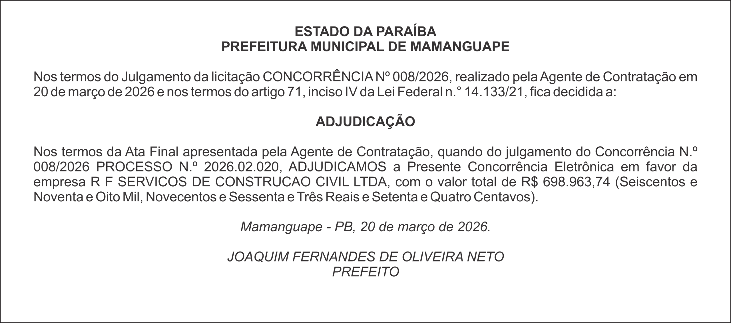 PREFEITURA MUNICIPAL DE MAMANGUAPE –ADJUDICAÇÃO