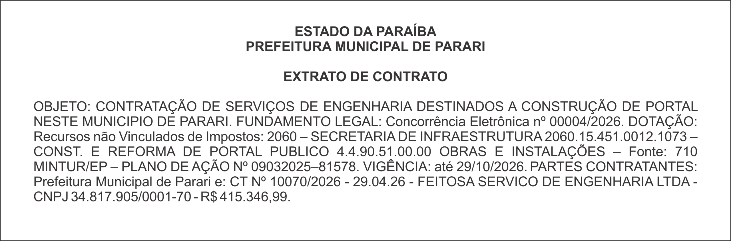 PREFEITURA MUNICIPAL DE PARARI – EXTRATO DE CONTRATO