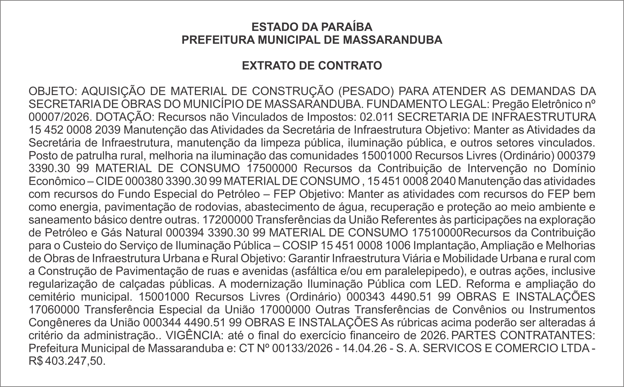 PREFEITURA MUNICIPAL DE MASSARANDUBA  – EXTRATO DE CONTRATO