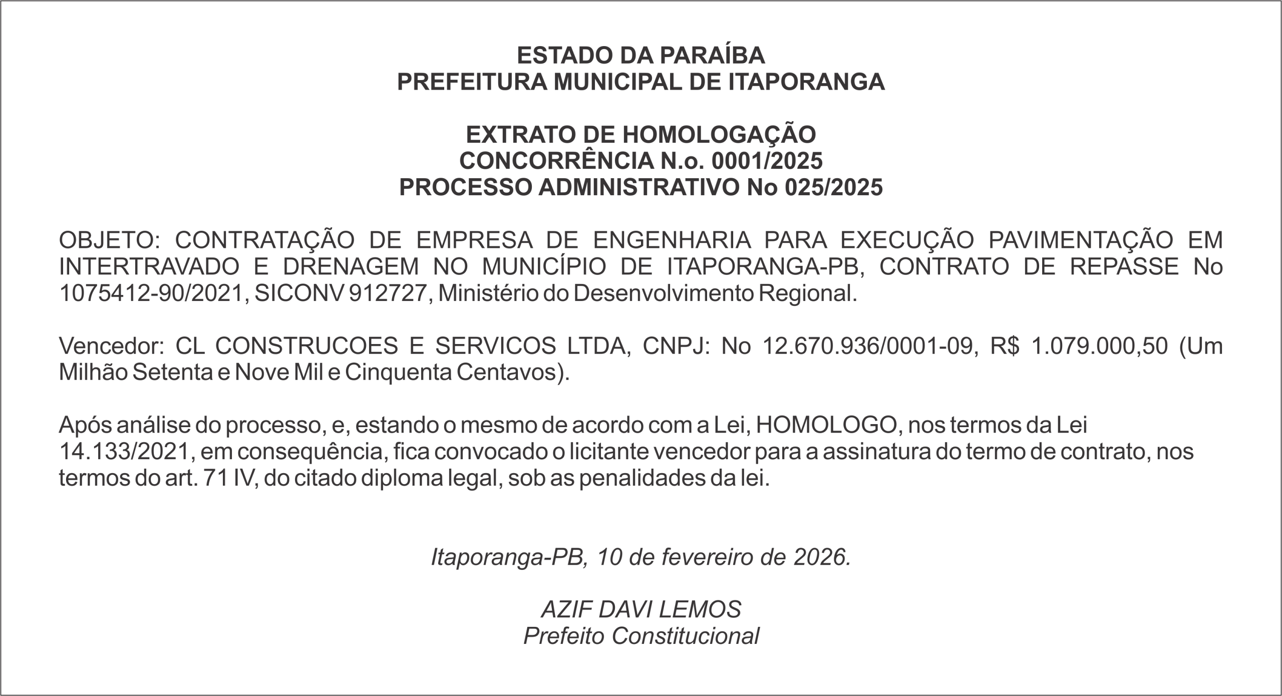 PREFEITURA MUNICIPAL DE ITAPORANGA – EXTRATO DE HOMOLOGAÇÃO