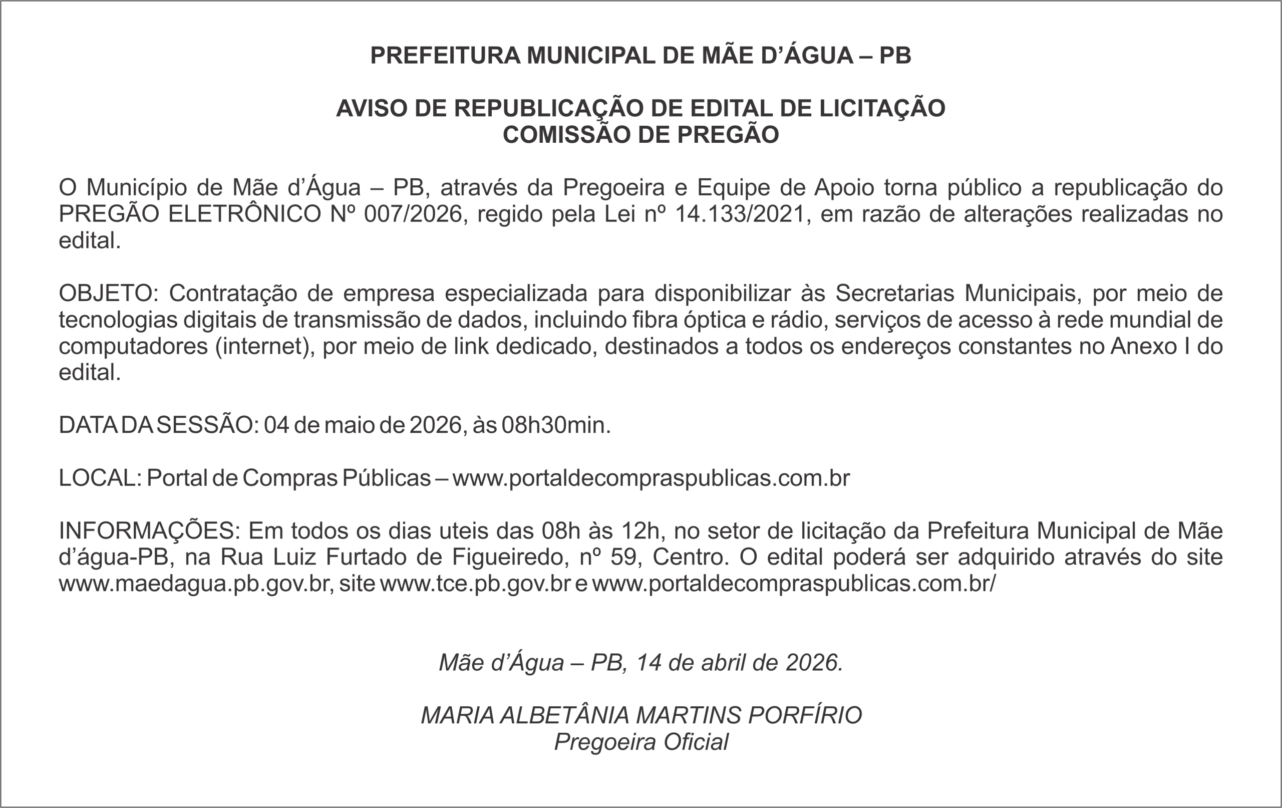 PREFEITURA MUNICIPAL DE MÃE D’ÁGUA – PB – AVISO DE REPUBLICAÇÃO DE EDITAL DE LICITAÇÃO