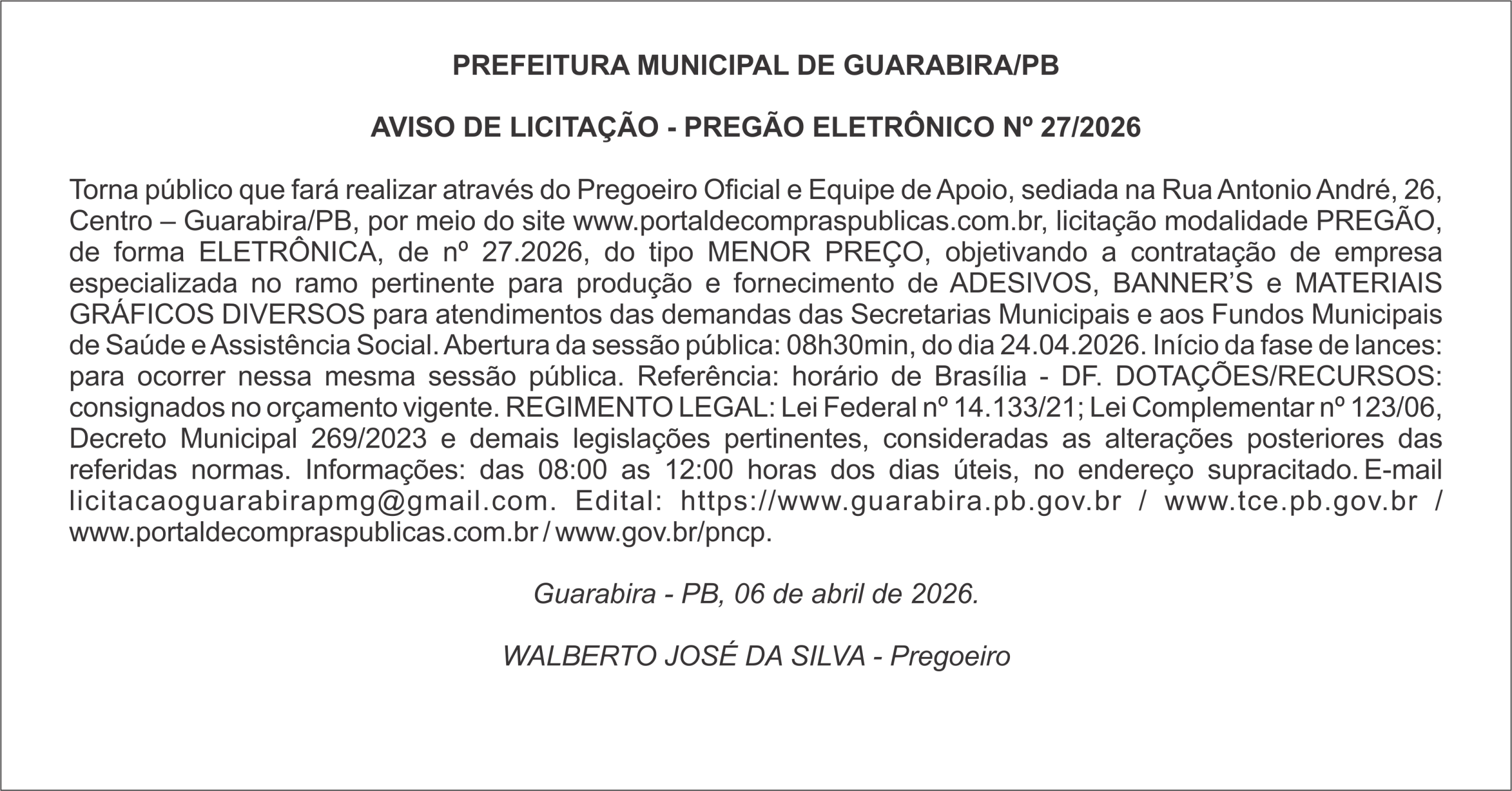 PREFEITURA MUNICIPAL DE GUARABIRA/PB AVISO DE LICITAÇÃO – PREGÃO ELETRÔNICO Nº 27/2026