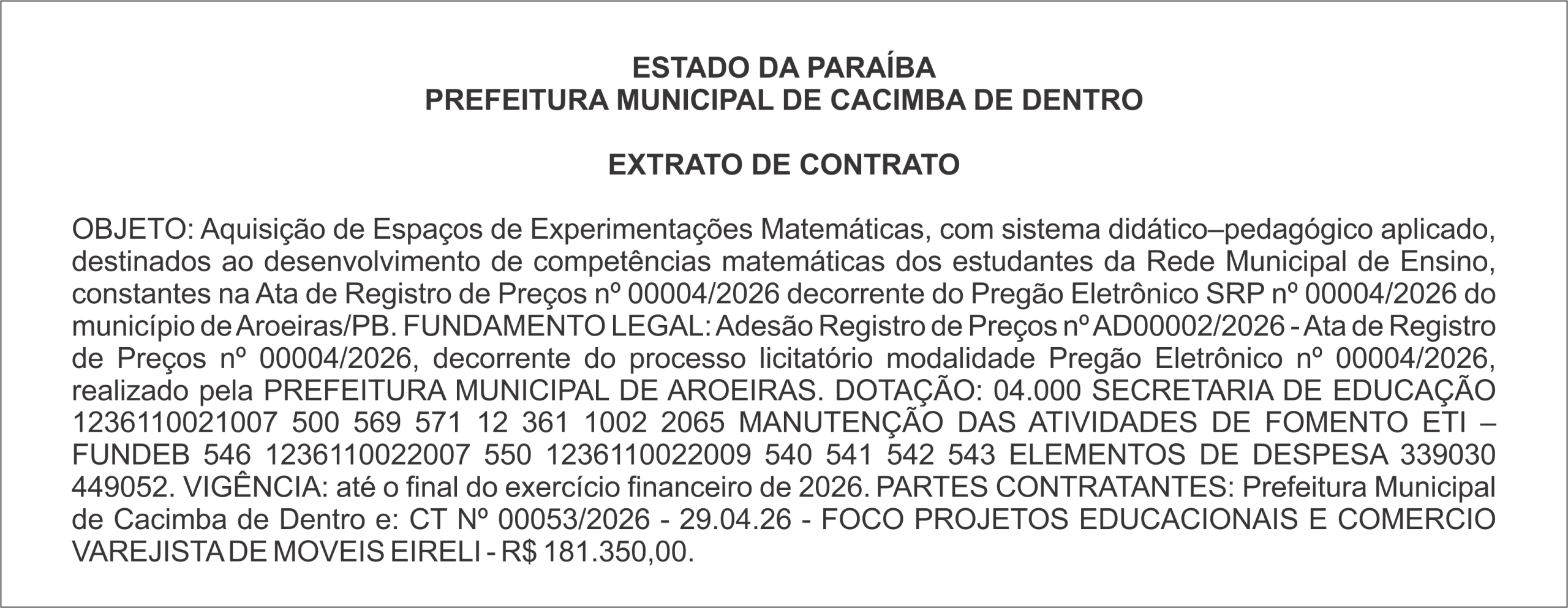 PREFEITURA MUNICIPAL DE CACIMBA DE DENTRO – EXTRATO DE CONTRATO