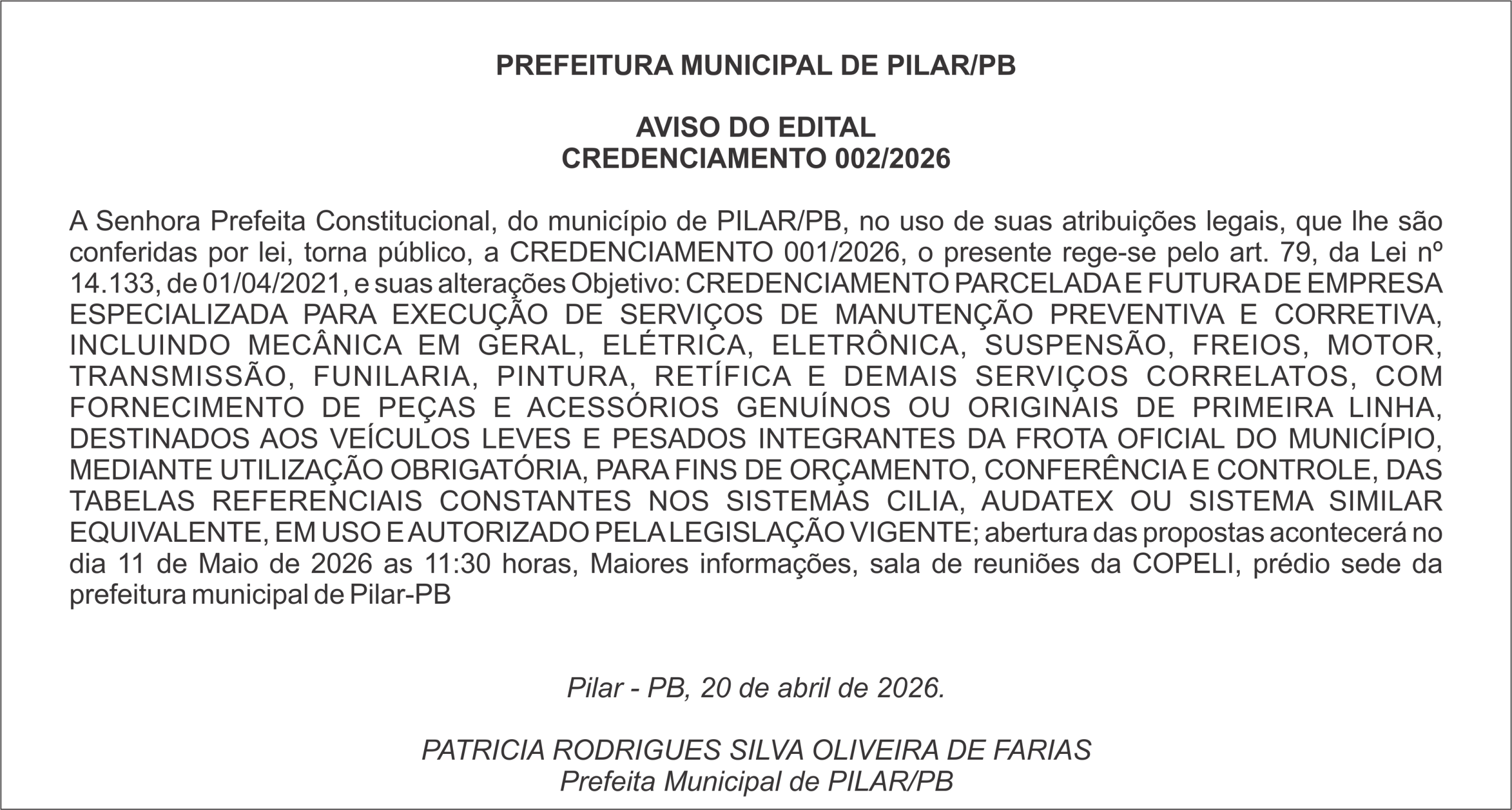 PREFEITURA MUNICIPAL DE PILAR/PB – AVISO DO EDITAL – CREDENCIAMENTO 002/2026