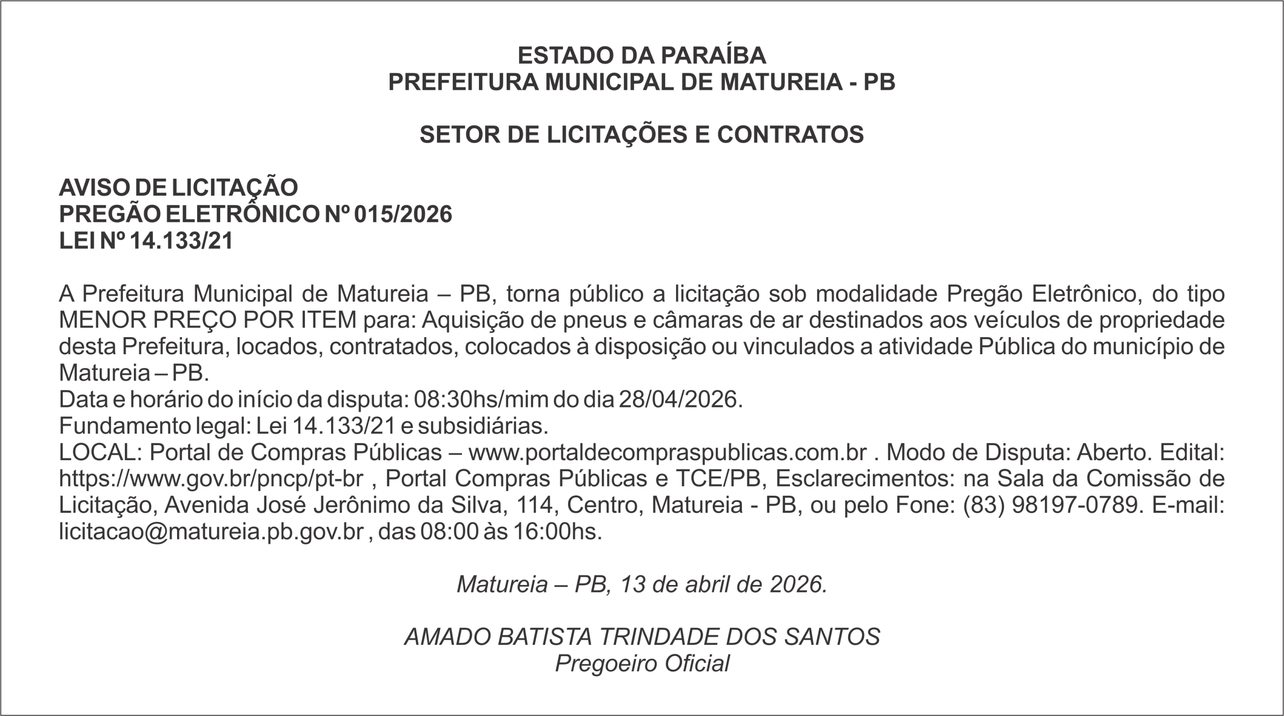 PREFEITURA MUNICIPAL DE MATUREIA – PB – AVISO DE LICITAÇÃO – PREGÃO ELETRÔNICO Nº 015/2026