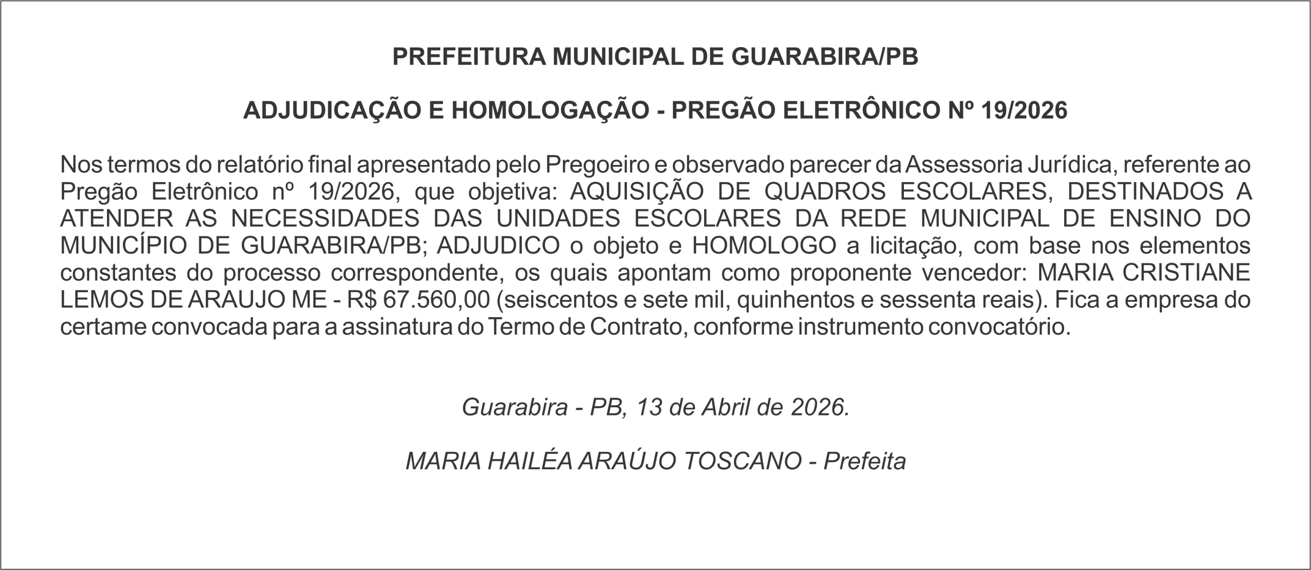 PREFEITURA MUNICIPAL DE GUARABIRA/PB – ADJUDICAÇÃO E HOMOLOGAÇÃO – PREGÃO ELETRÔNICO Nº 19/2026