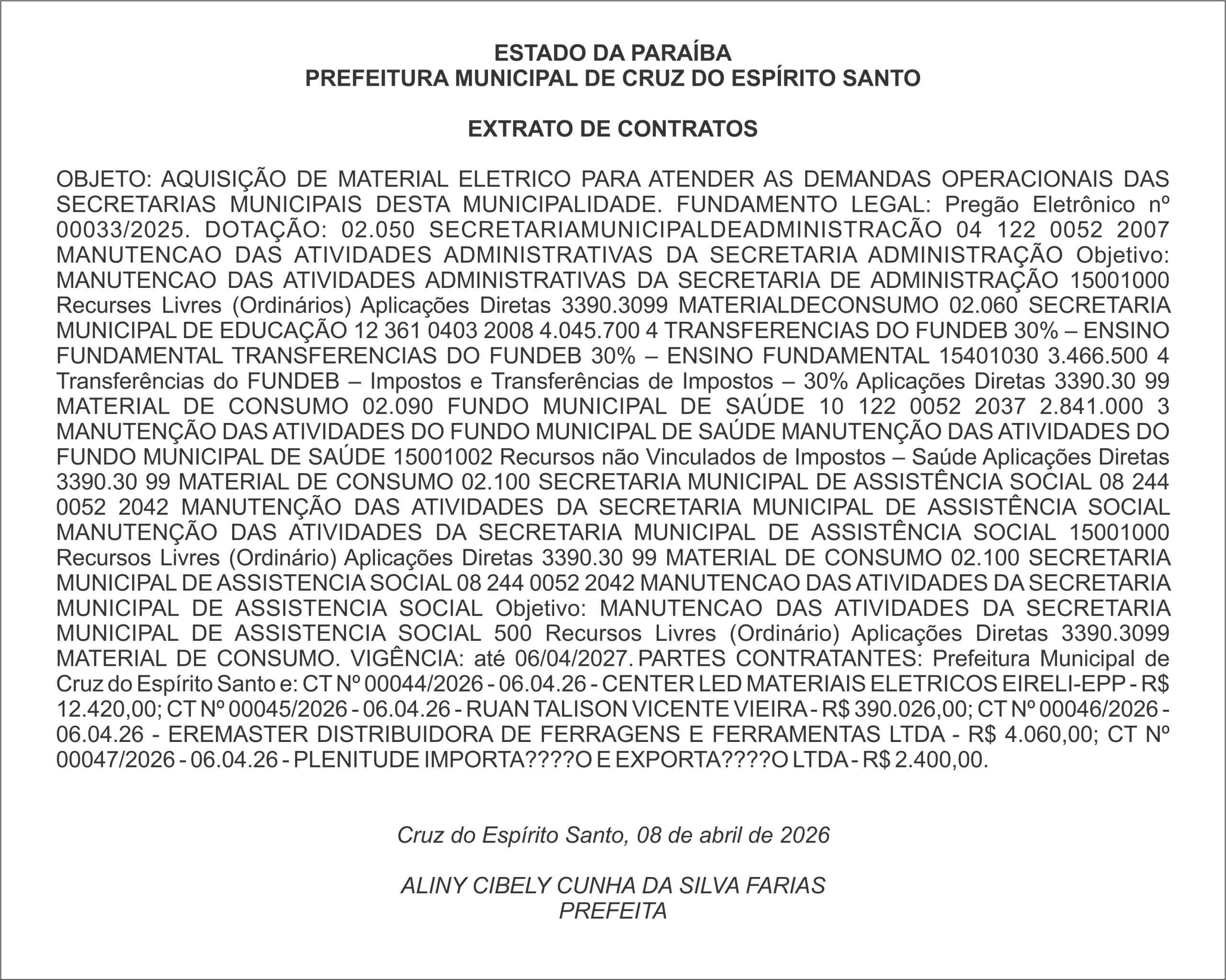 PREFEITURA MUNICIPAL DE CRUZ DO ESPÍRITO SANTO – EXTRATO DE CONTRATOS