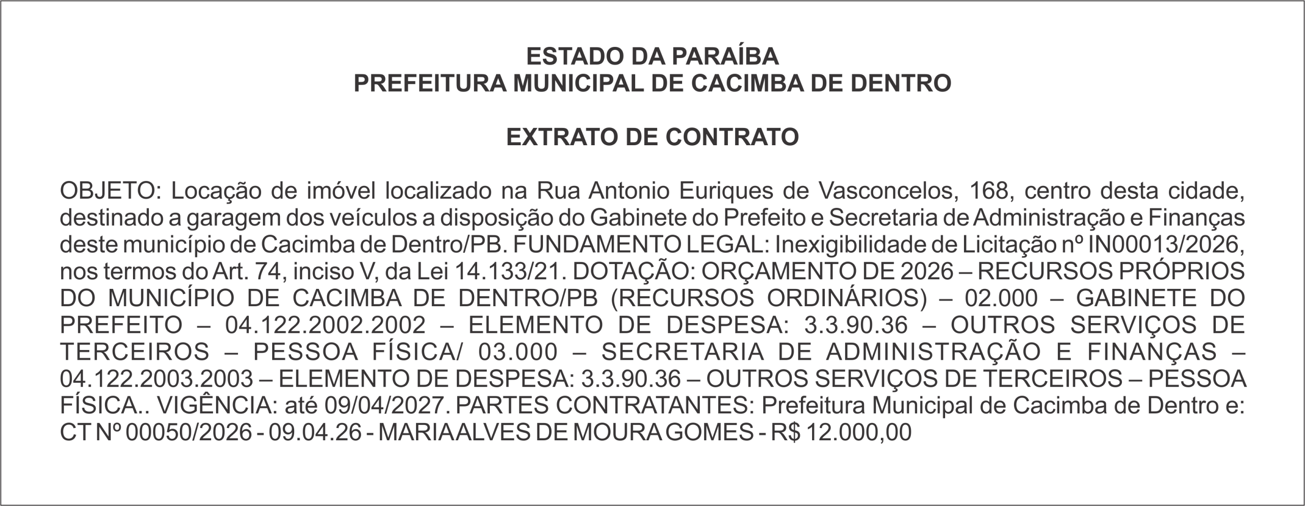 PREFEITURA MUNICIPAL DE CACIMBA DE DENTRO – EXTRATO DE CONTRATO