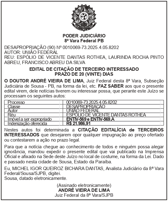 SECRETARIA NACIONAL DE SEGURANÇA HIDRICA – SNSH – MDR – DF – BRASÍLIA – Edital de Citação de Terceiro Interessado – ENTIV-569 e ENTIV-569.A (ESPÓLIO DE VICENTE DANTAS ROTHEA)