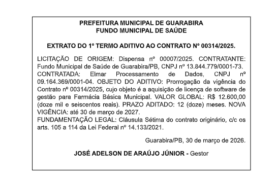 PREFEITURA MUNICIPAL DE GUARABIRA – FUNDO MUNICIPAL DE SAÚDE  EXTRATO DO 1º TERMO ADITIVO AO CONTRATO Nº 00314/2025