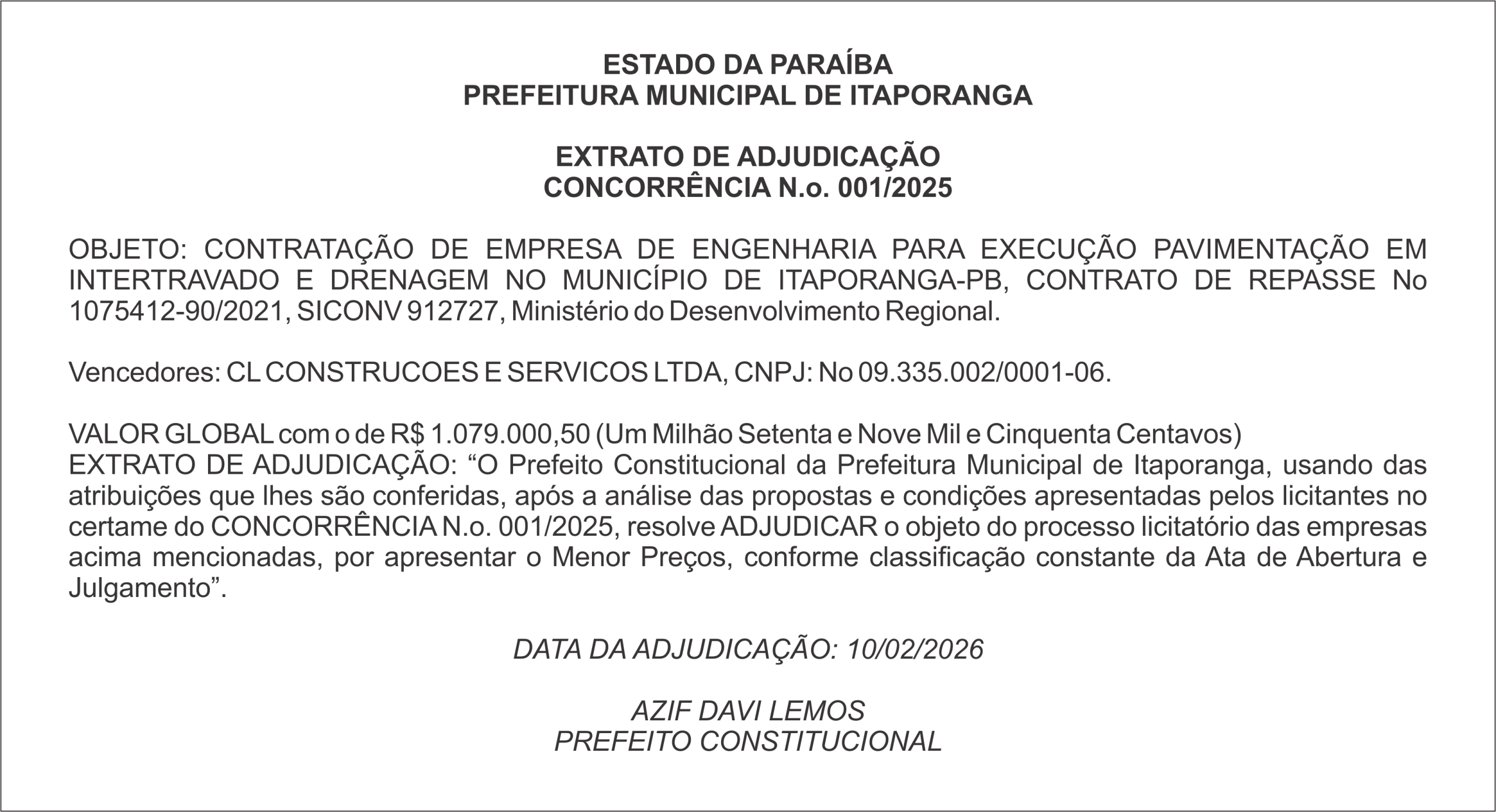 PREFEITURA DE ITAPORANGA – EXTRATO DE ADJUDICAÇÃO