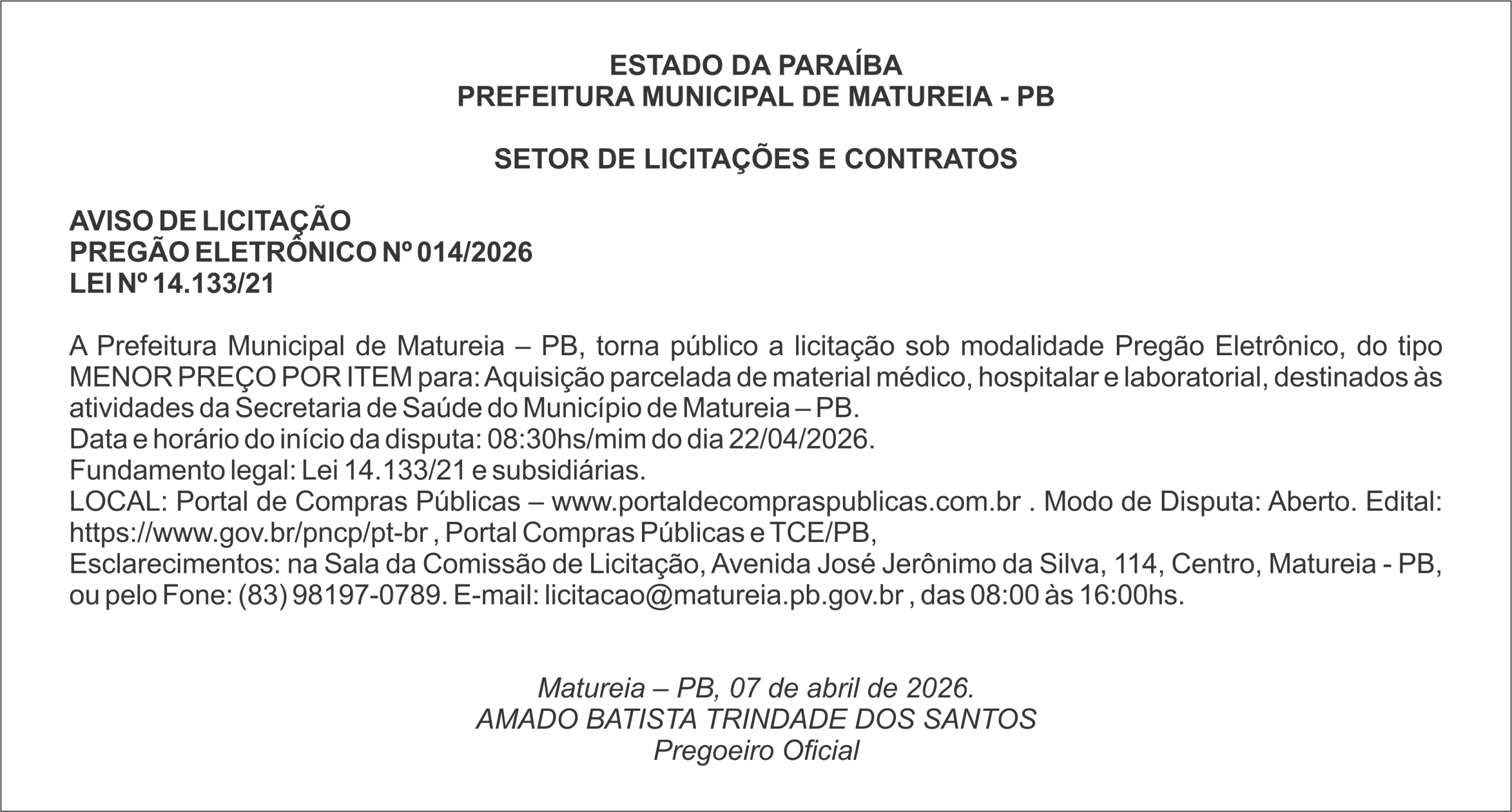 PREFEITURA MUNICIPAL DE MATUREIA – PB – AVISO DE LICITAÇÃO – PREGÃO ELETRÔNICO Nº 014/2026