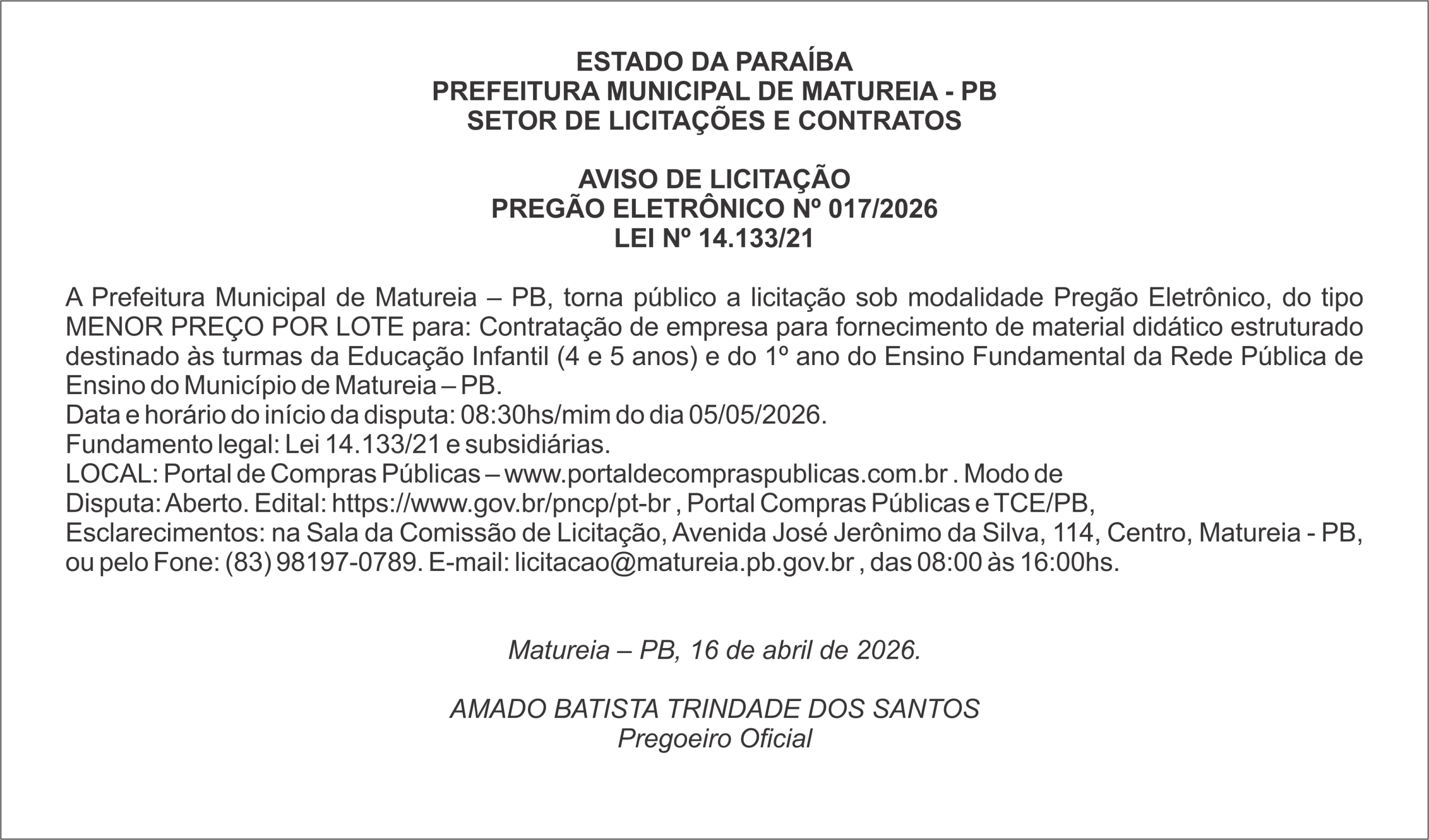 PREFEITURA MUNICIPAL DE MATUREIA – PB – AVISO DE LICITAÇÃO PREGÃO ELETRÔNICO Nº 017/2026