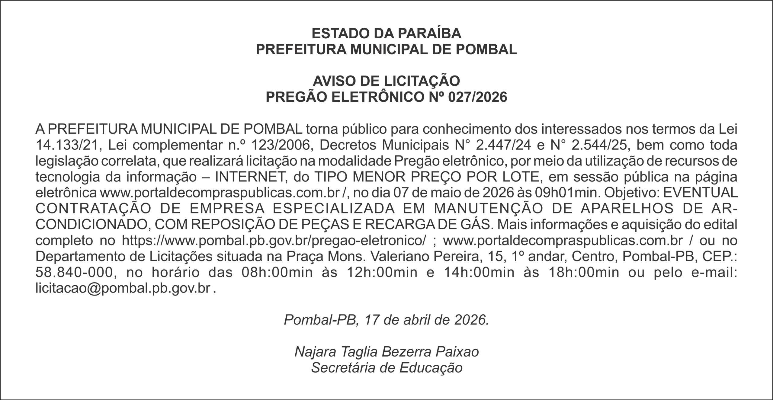 PREFEITURA MUNICIPAL DE POMBAL – AVISO DE LICITAÇÃO – PREGÃO ELETRÔNICO Nº 027/2026