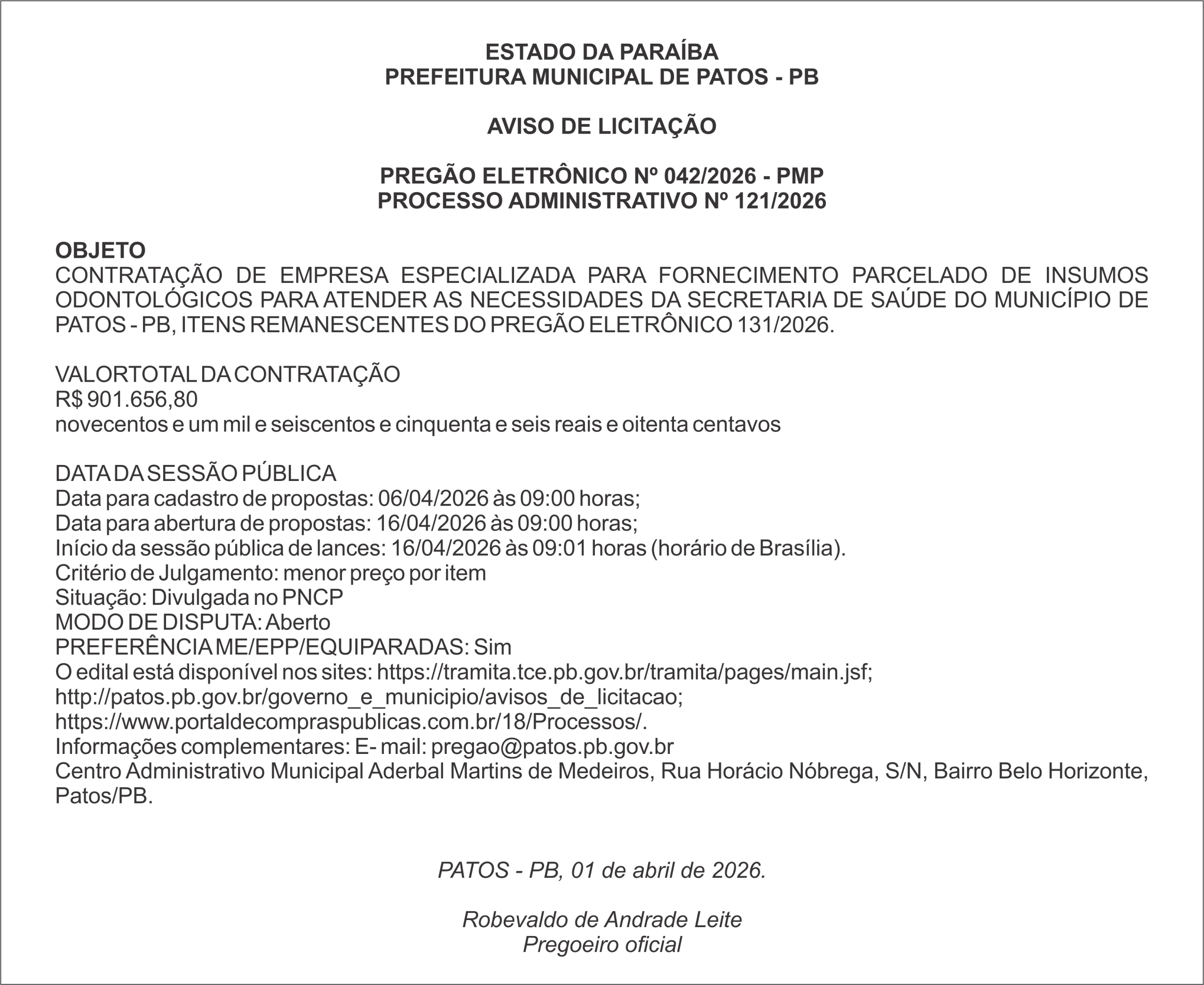 PREFEITURA MUNICIPAL DE PATOS – PB – PREGÃO ELETRÔNICO Nº 042/2026 – PMP