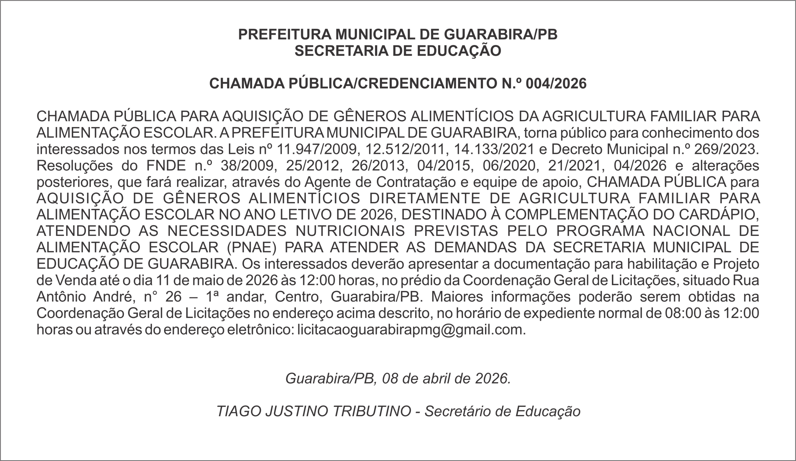 PREFEITURA MUNICIPAL DE GUARABIRA/PB – CHAMADA PÚBLICA/CREDENCIAMENTO N.º 004/2026