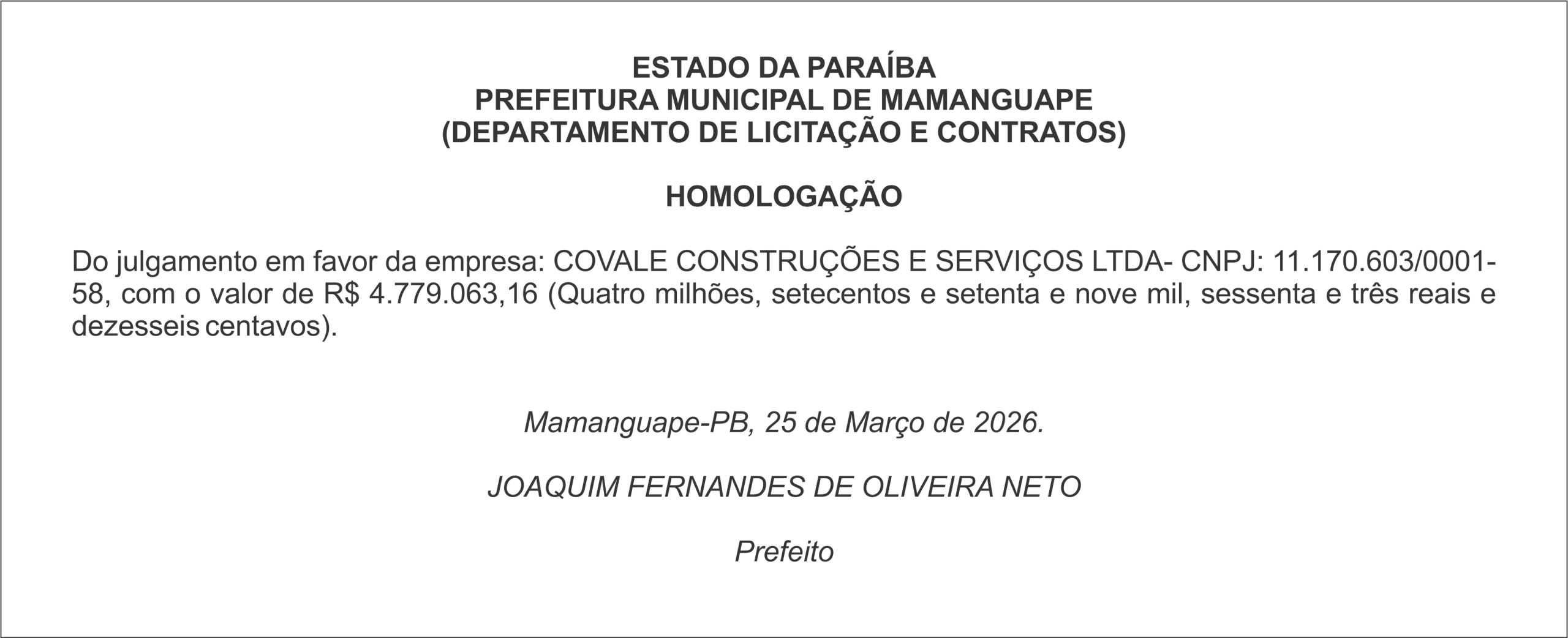 PREFEITURA MUNICIPAL DE MAMANGUAPE –HOMOLOGAÇÃO