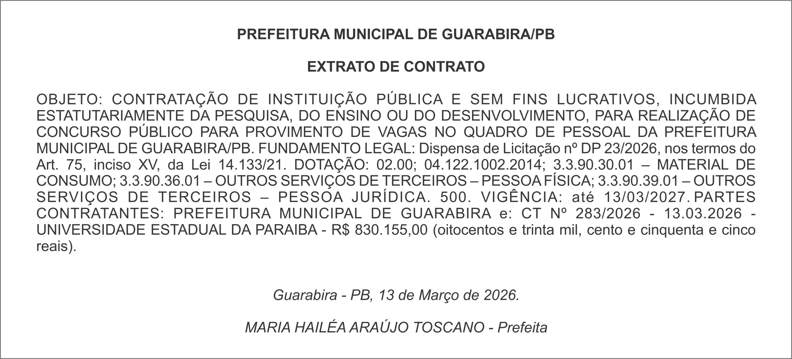PREFEITURA MUNICIPAL DE GUARABIRA/PB – EXTRATO DE CONTRATO