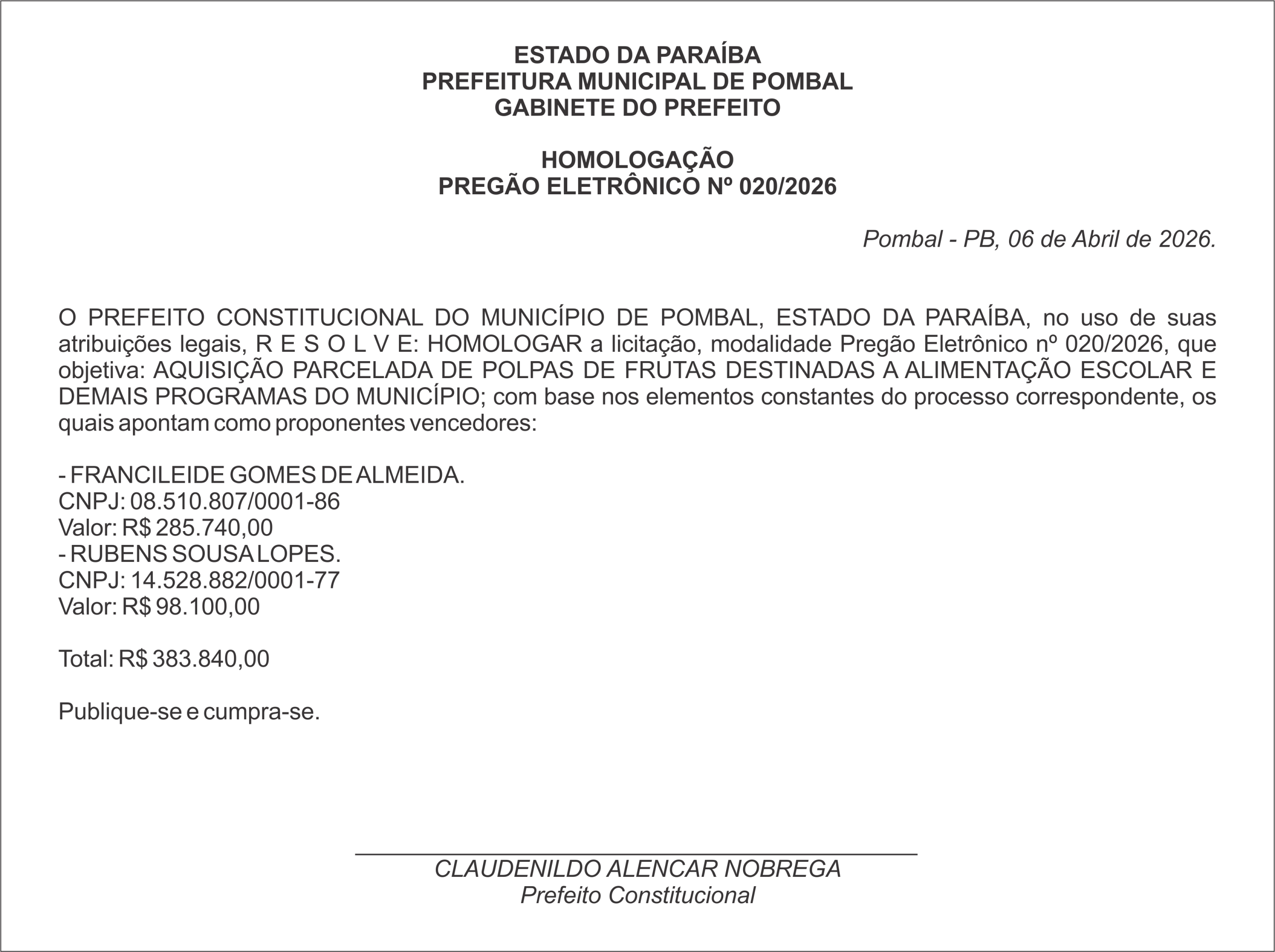 PREFEITURA MUNICIPAL DE POMBAL – HOMOLOGAÇÃO – PREGÃO ELETRÔNICO Nº 020/2026