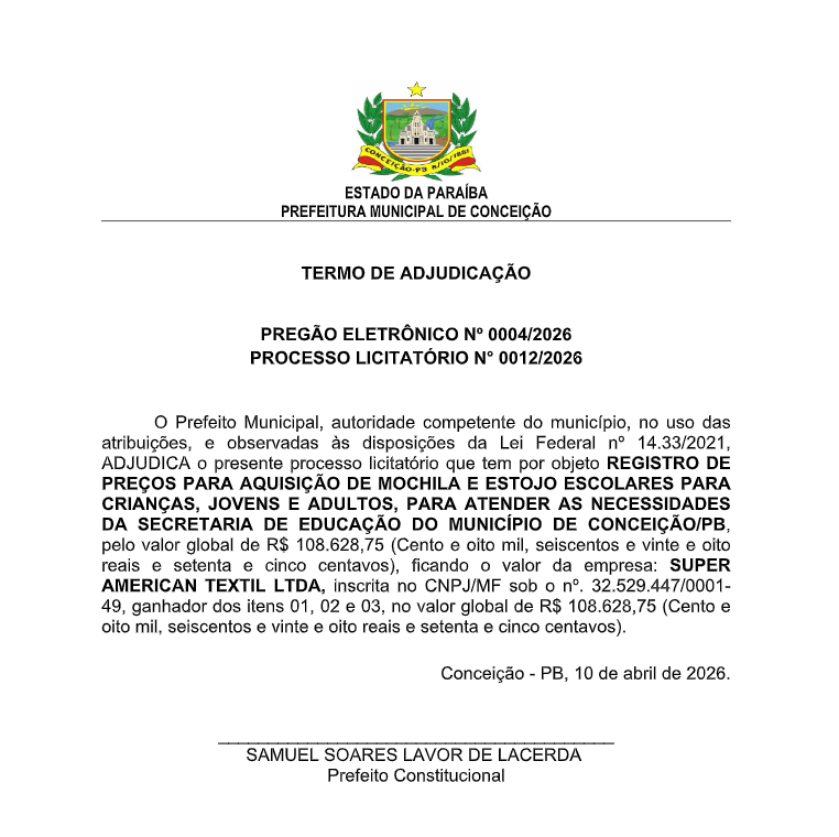PREFEITURA MUNICIPAL DE CONCEIÇÃO – TERMO DE ADJUDICAÇÃO