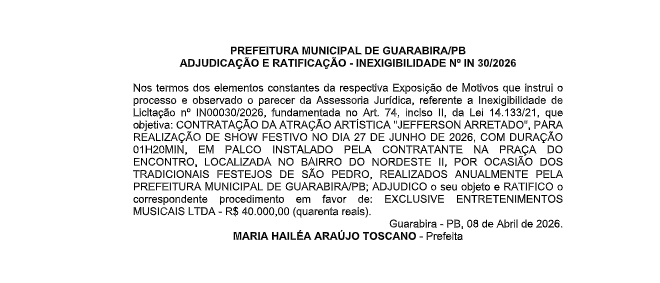 PREFEITURA MUNICIPAL DE GUARABIRA/PB – ADJUDICAÇÃO E RATIFICAÇÃO – INEXIGIBILIDADE Nº IN 30/2026