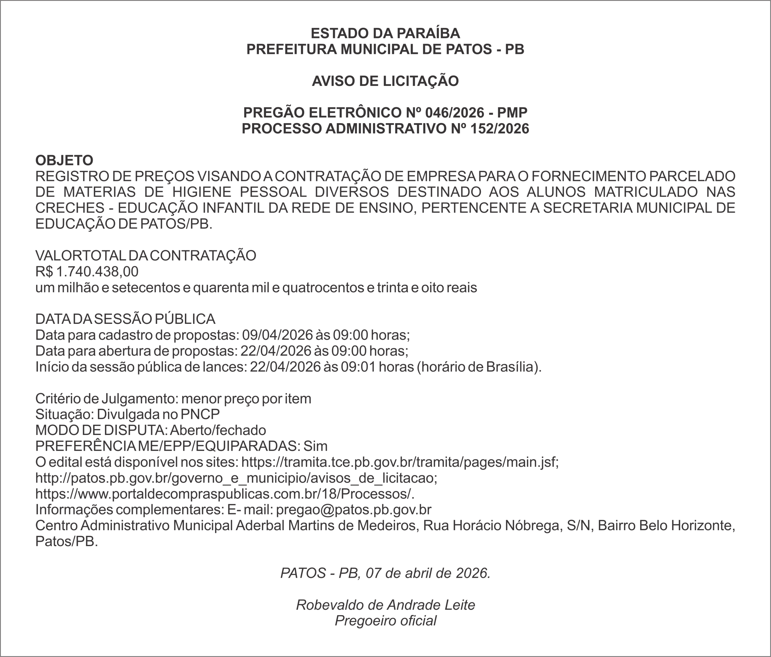 PREFEITURA MUNICIPAL DE PATOS – PB PREGÃO ELETRÔNICO Nº 046/2026 – PMP