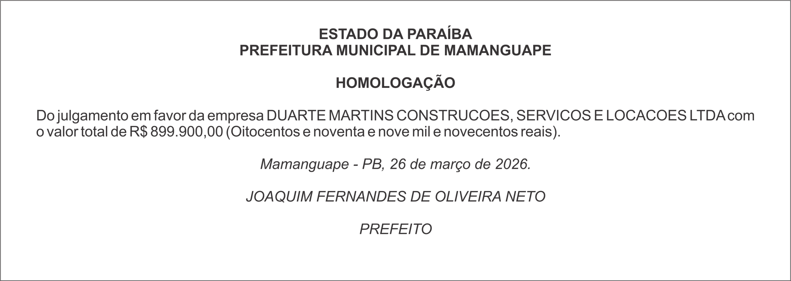 PREFEITURA MUNICIPAL DE MAMANGUAPE – HOMOLOGAÇÃO