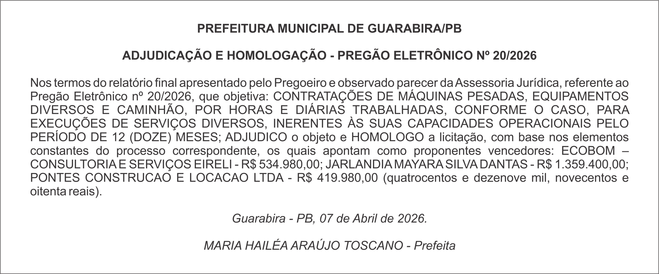 PREFEITURA MUNICIPAL DE GUARABIRA/PB ADJUDICAÇÃO E HOMOLOGAÇÃO – PREGÃO ELETRÔNICO Nº 20/2026