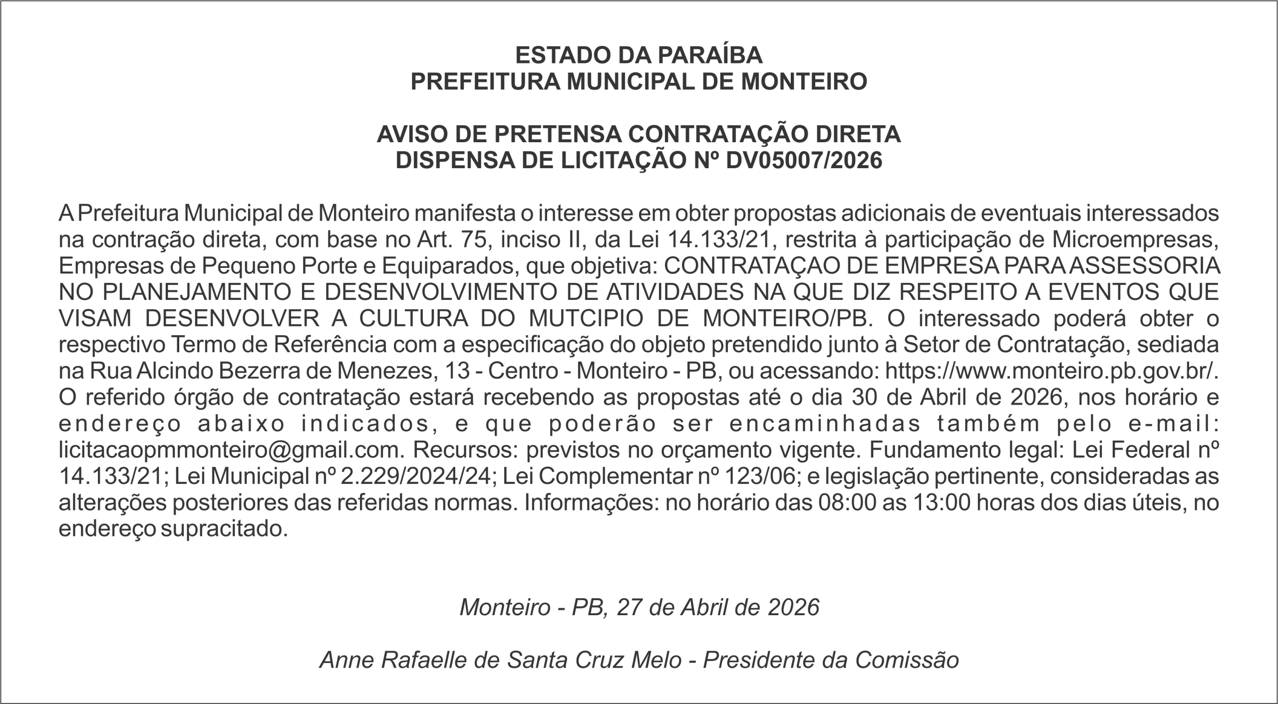PREFEITURA MUNICIPAL DE MONTEIRO – AVISO DE PRETENSA CONTRATAÇÃO DIRETA DISPENSA DE LICITAÇÃO Nº DV05007/2026