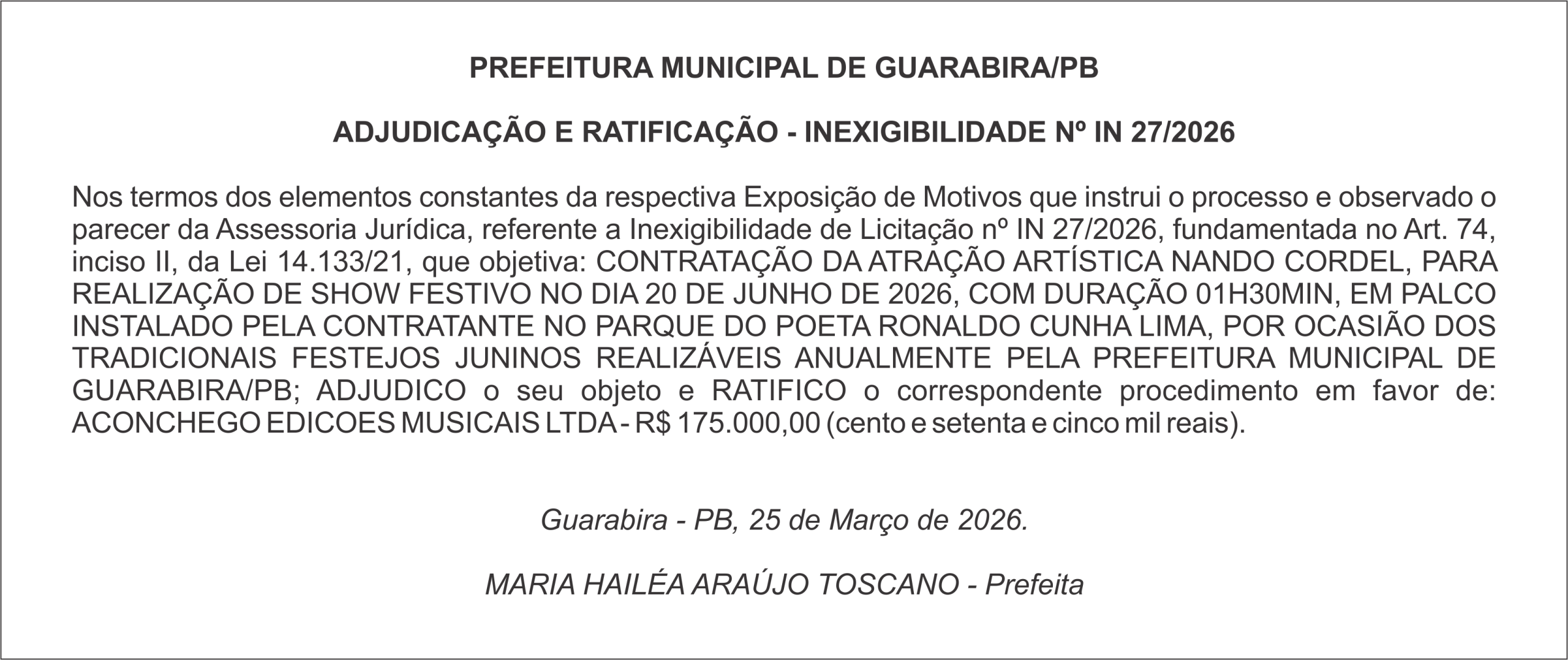 PREFEITURA MUNICIPAL DE GUARABIRA/PB – ADJUDICAÇÃO E RATIFICAÇÃO – INEXIGIBILIDADE Nº IN 27/2026