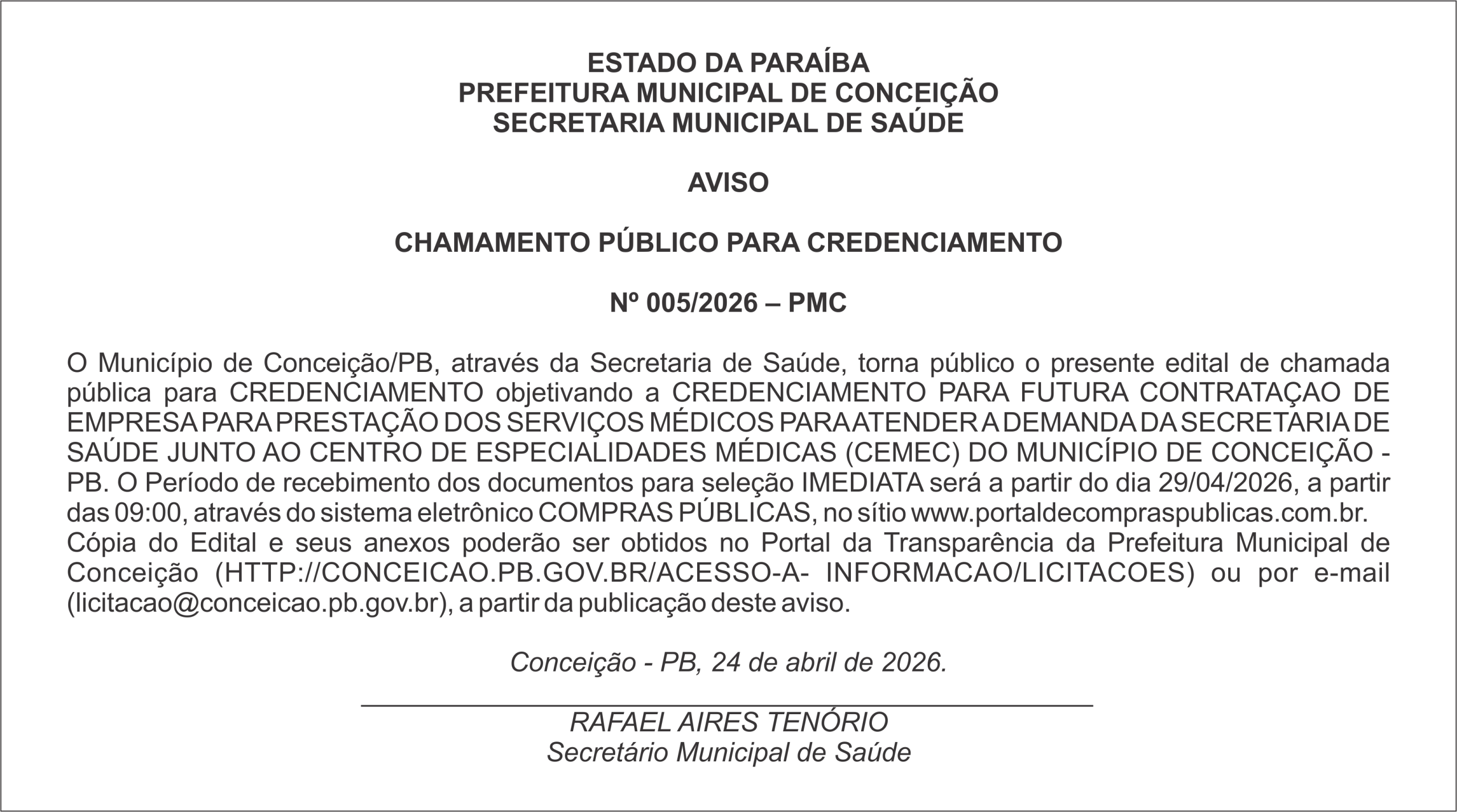 PREFEITURA MUNICIPAL DE CONCEIÇÃO – AVISO  CHAMAMENTO PÚBLICO PARA CREDENCIAMENTO  Nº 005/2026 – PMC