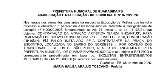 PREFEITURA MUNICIPAL DE GUARABIRA/PB – ADJUDICAÇÃO E RATIFICAÇÃO – INEXIGIBILIDADE Nº IN 29/2026